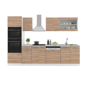 Vicco Küchenzeile R-Line, Sonoma/Weiß, 300 cm mit Hochschrank, mit Arbeitsplatte