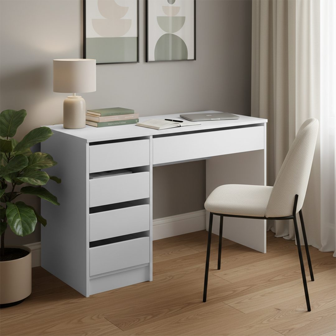 Bellamio Schreibtisch Nore mit Schubladen (weiß, beidseitig montierbar, 110 cm breit), verfügbar mit 5 oder 9 Schubladen
