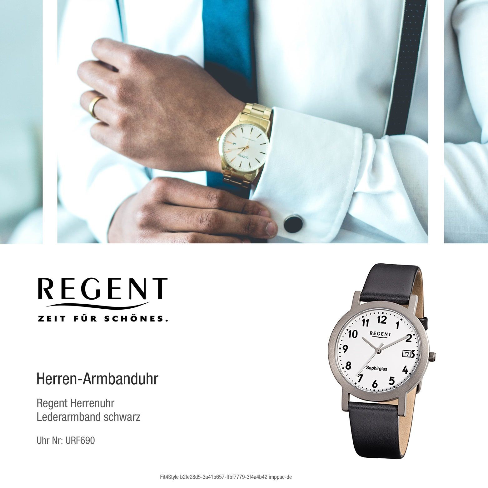 Regent Quarzuhr Regent schwarz Herren 37mm), mittel Herren-Armbanduhr (ca. Lederarmband rund, Analog, Armbanduhr