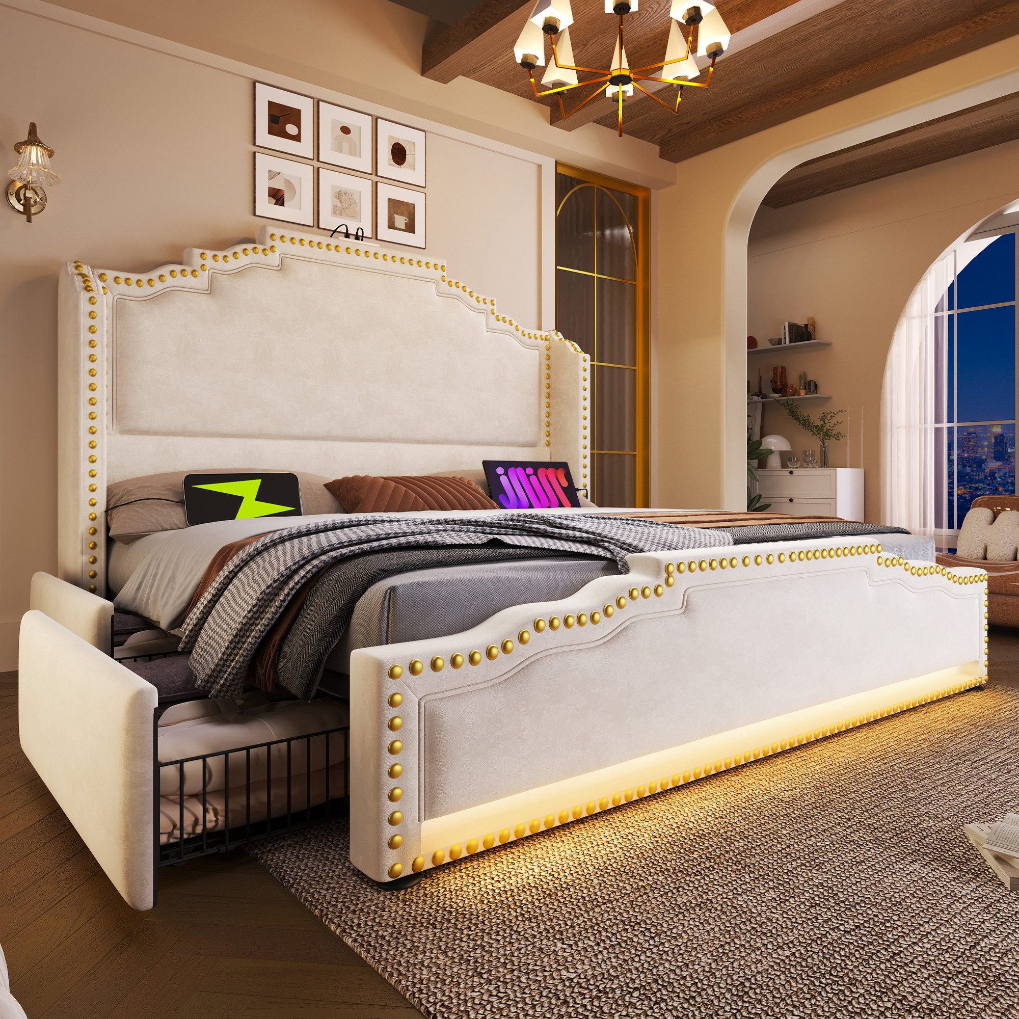 Flieks Polsterbett, Doppelbett 140x200cm mit LED-Beleuchtung 4 Schubladen u günstig online kaufen