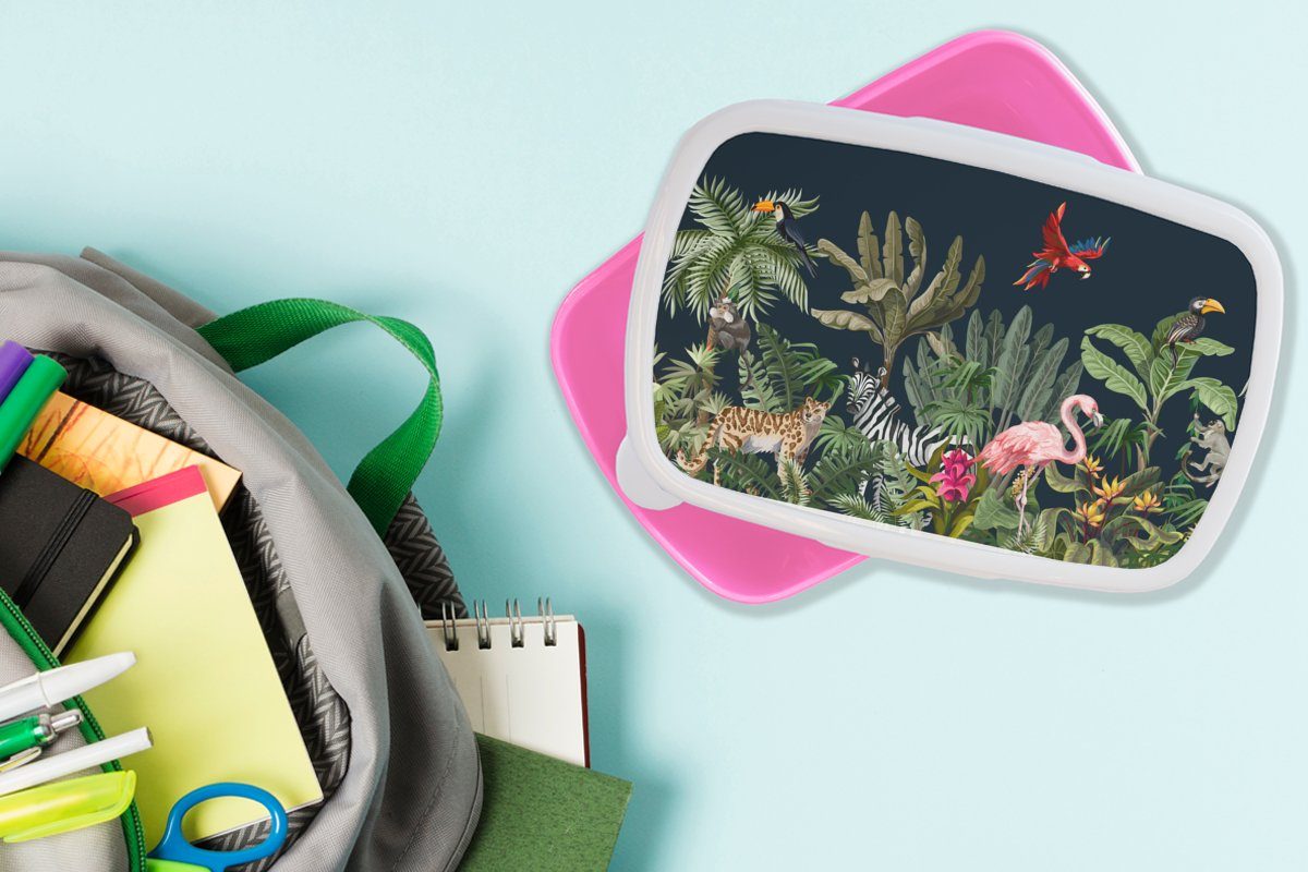 Lunchbox Kinder Brotdose - Mädchen, Brotbox - Pflanzen Kinder, Dschungel für - Flamingo Snackbox, Tiere (2-tlg), Zebra, rosa MuchoWow Erwachsene, - Kunststoff, - Kunststoff