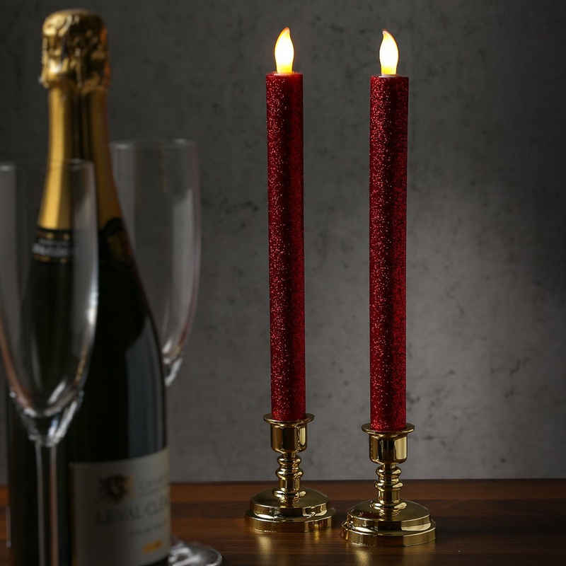 MARELIDA LED-Kerze LED Stabkerzen goldene Kerzenständer flackernd Echtwachs 2 Stück rot glitzernd (2-tlg)