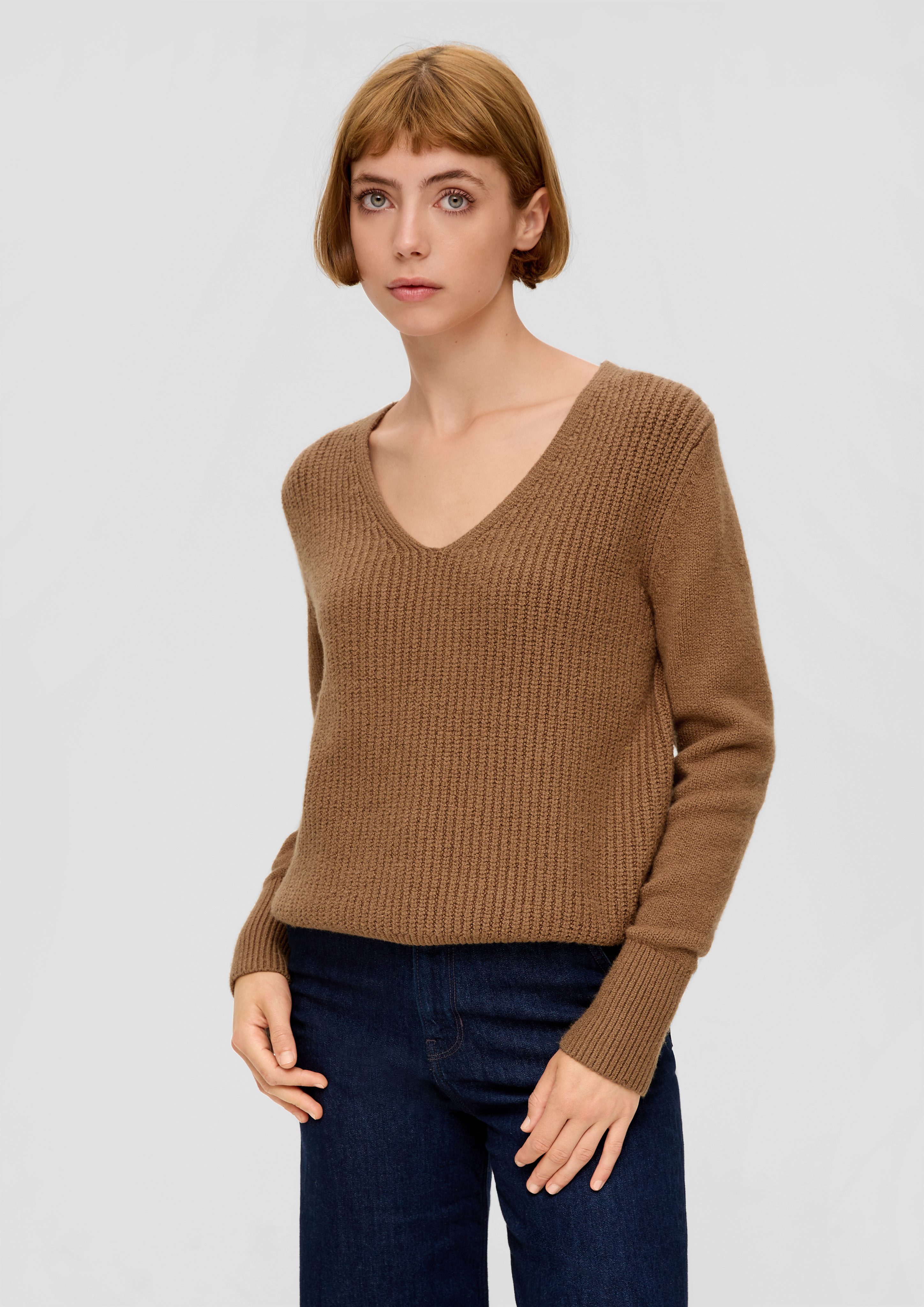 s.Oliver Strickpullover Strickpullover mit V-Ausschnitt zimt