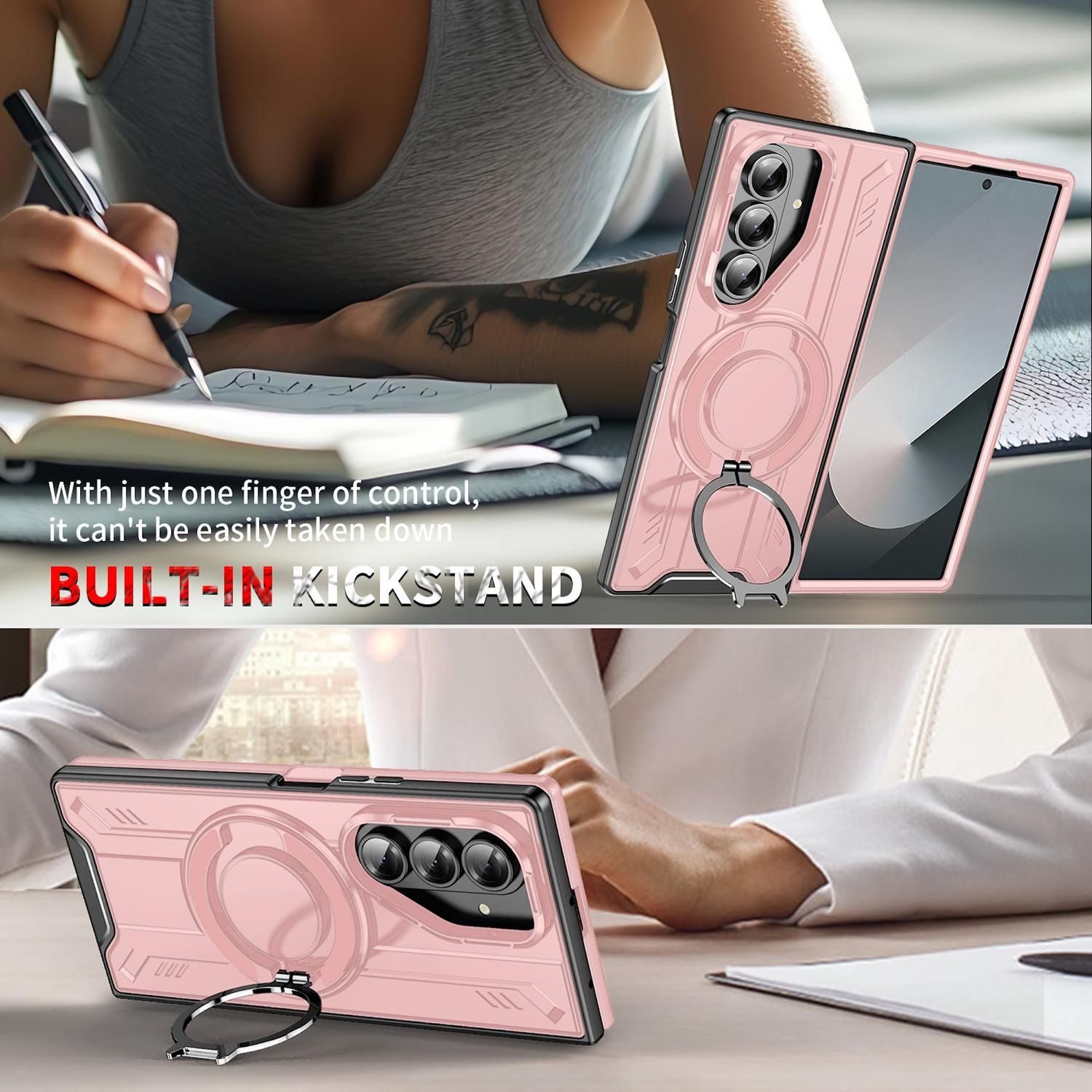 Wigento Handyhülle Für Samsung Galaxy Z Fold7 5G MagSafe 360 Grad Ringhalter Hülle Rosa, MagSafe Hülle mit integriertem Ringhalter und Schutzkante
