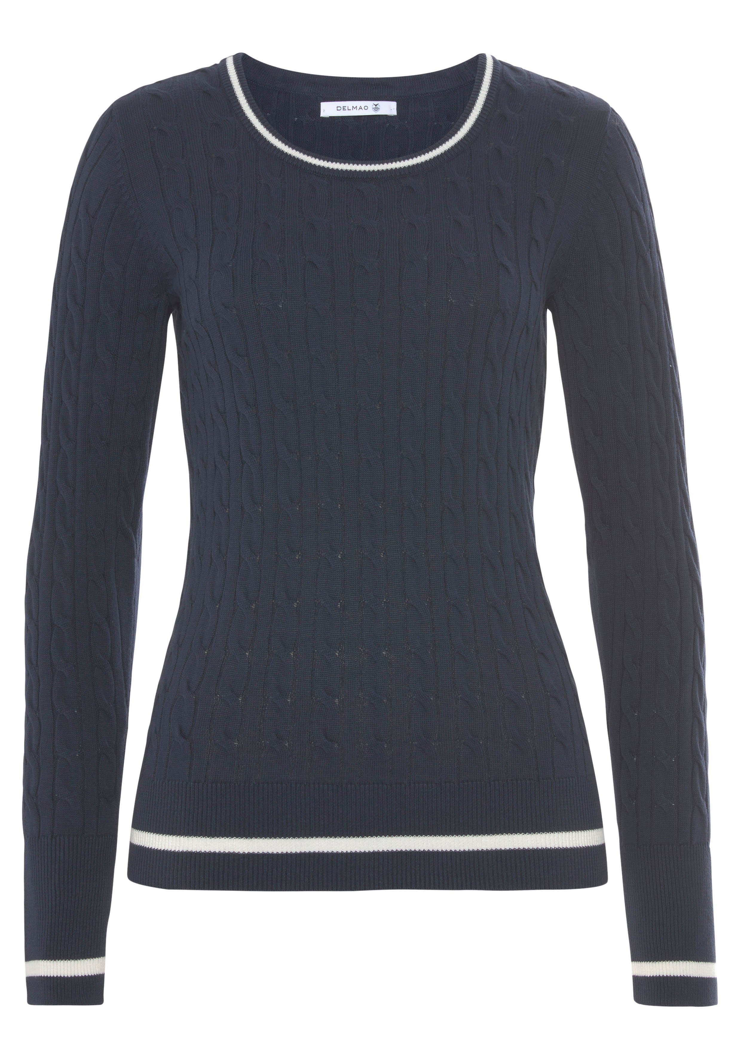 durchendem - Zopfmuster und MARKE! DELMAO Strickpullover mit marine Kontaststreifen NEUE