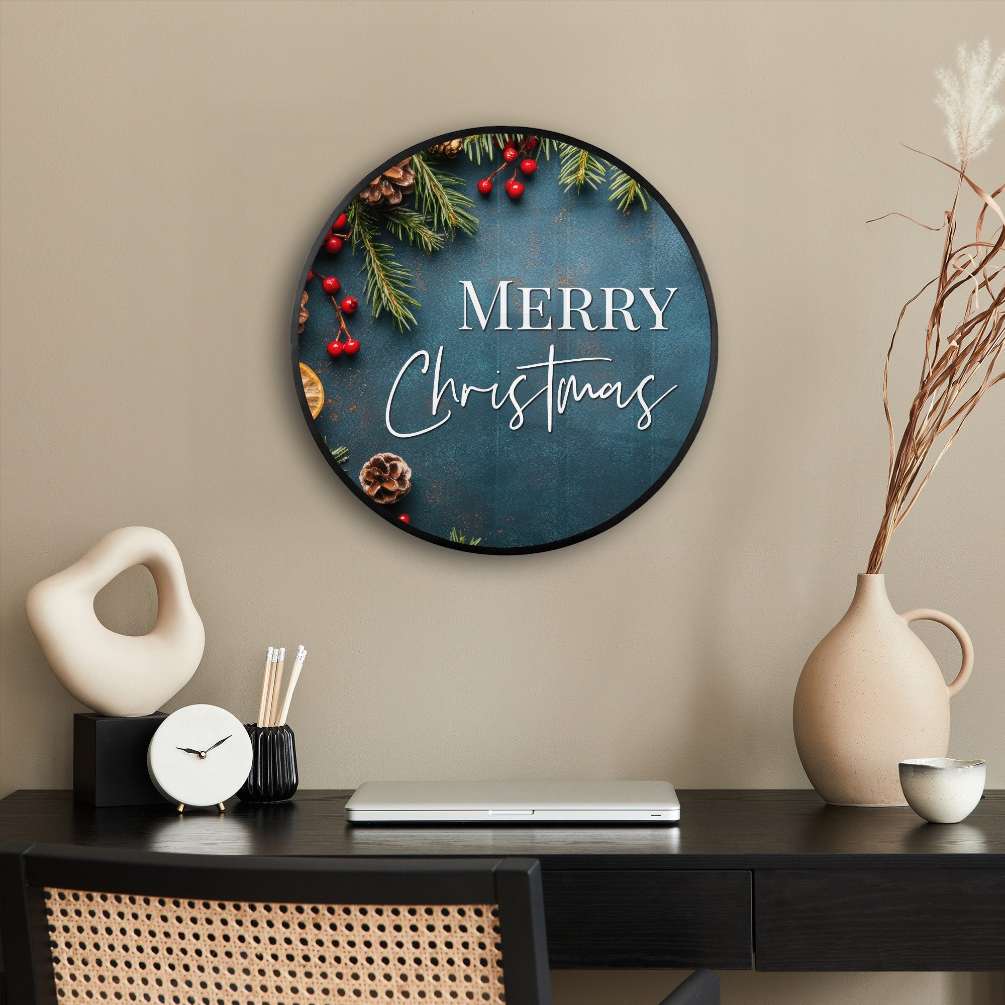 MuchoWow Poster Rund - Frohe Weihnachten - Blau - Weihnachten - Winter, (1 St), Runde Wandbilder, Deko für Wohnzimmer und Schlafzimmer, 40x40 cm