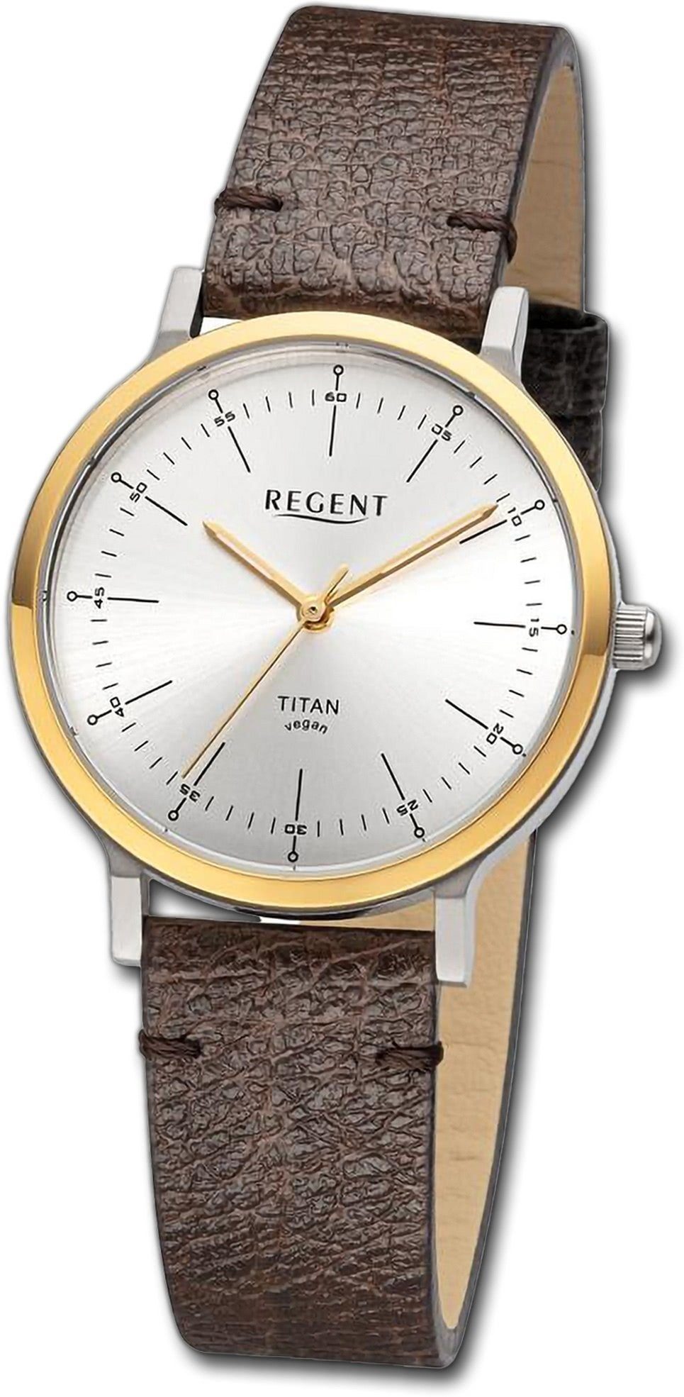 Regent Quarzuhr Regent Damen Armbanduhr Analog, Damenuhr Lederarmband braun, rundes Gehäuse, extra groß (ca. 33mm) | Quarzuhren