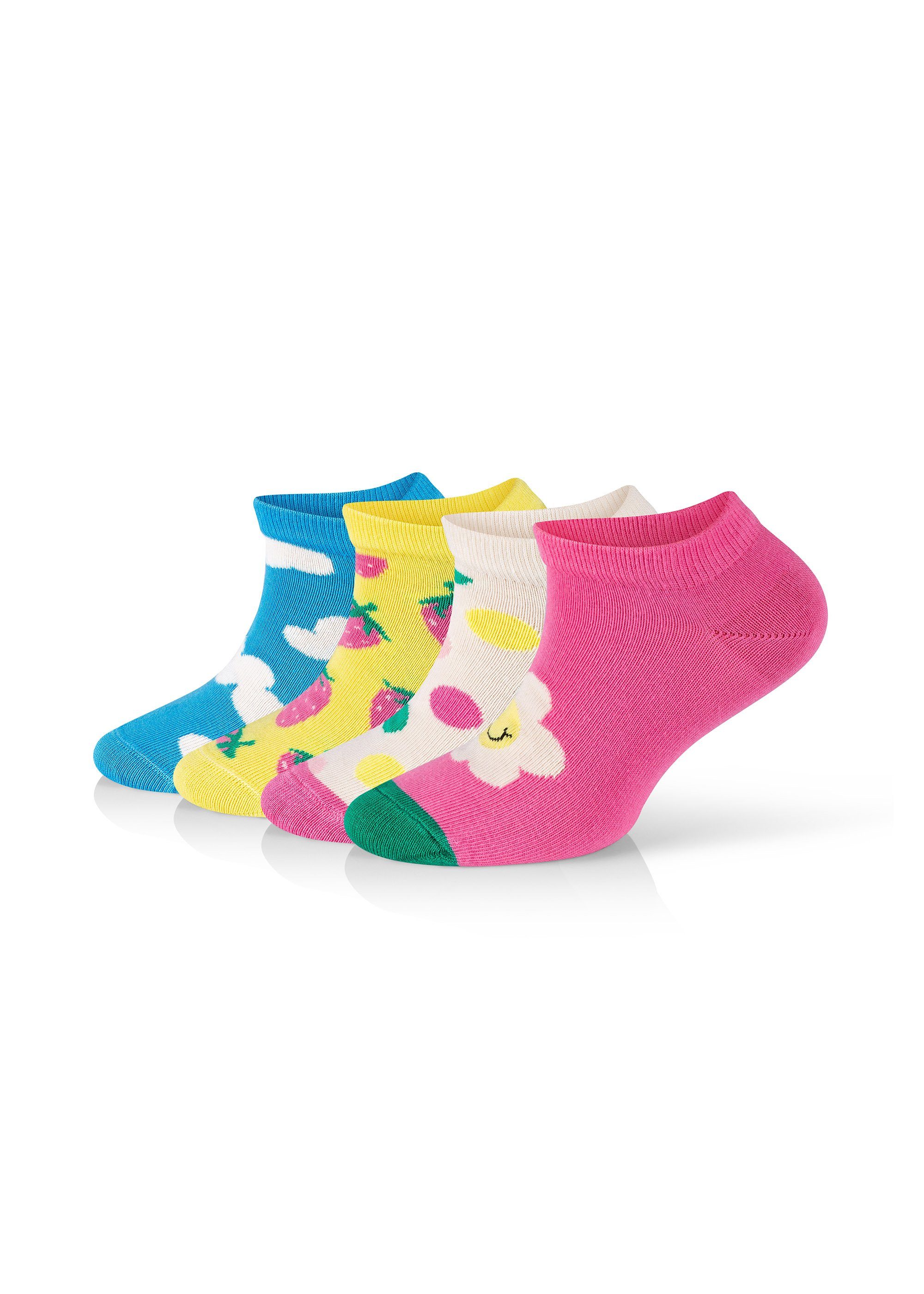 Happy Socks Sneakersocken 4-Pack Kids Low Daisy-Cloudy Strawberry gekämmte Baumwolle