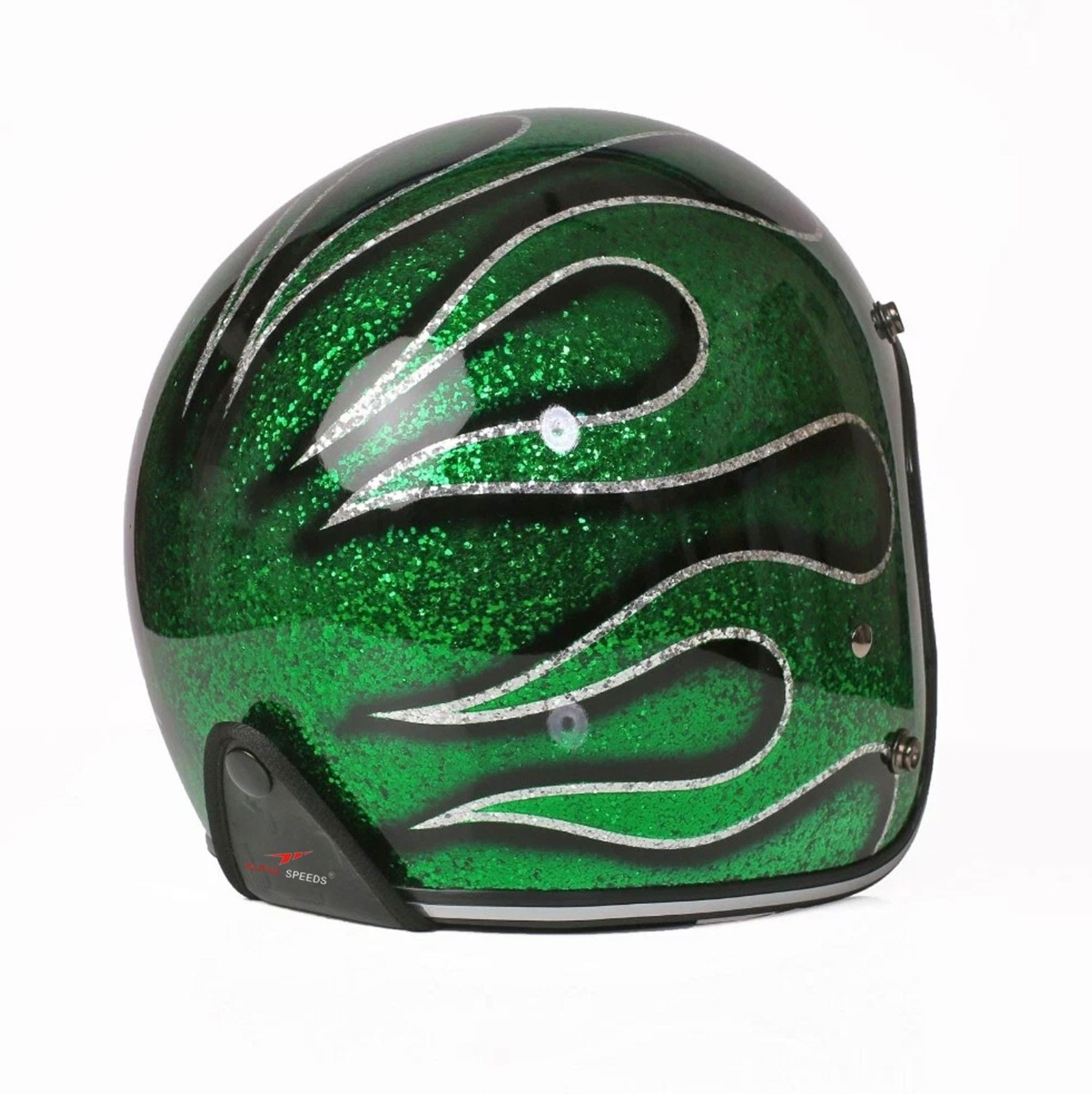 Alpha Speeds Motorradhelm ATELIER — Blaze Emerald Flame, Metal-Super-Flake• Fiberglas • Grün, nur ca. 800 g, inkl. herausnehmbare Wangenpolster, Slim & Smart Fi – Bild 3 von 3
