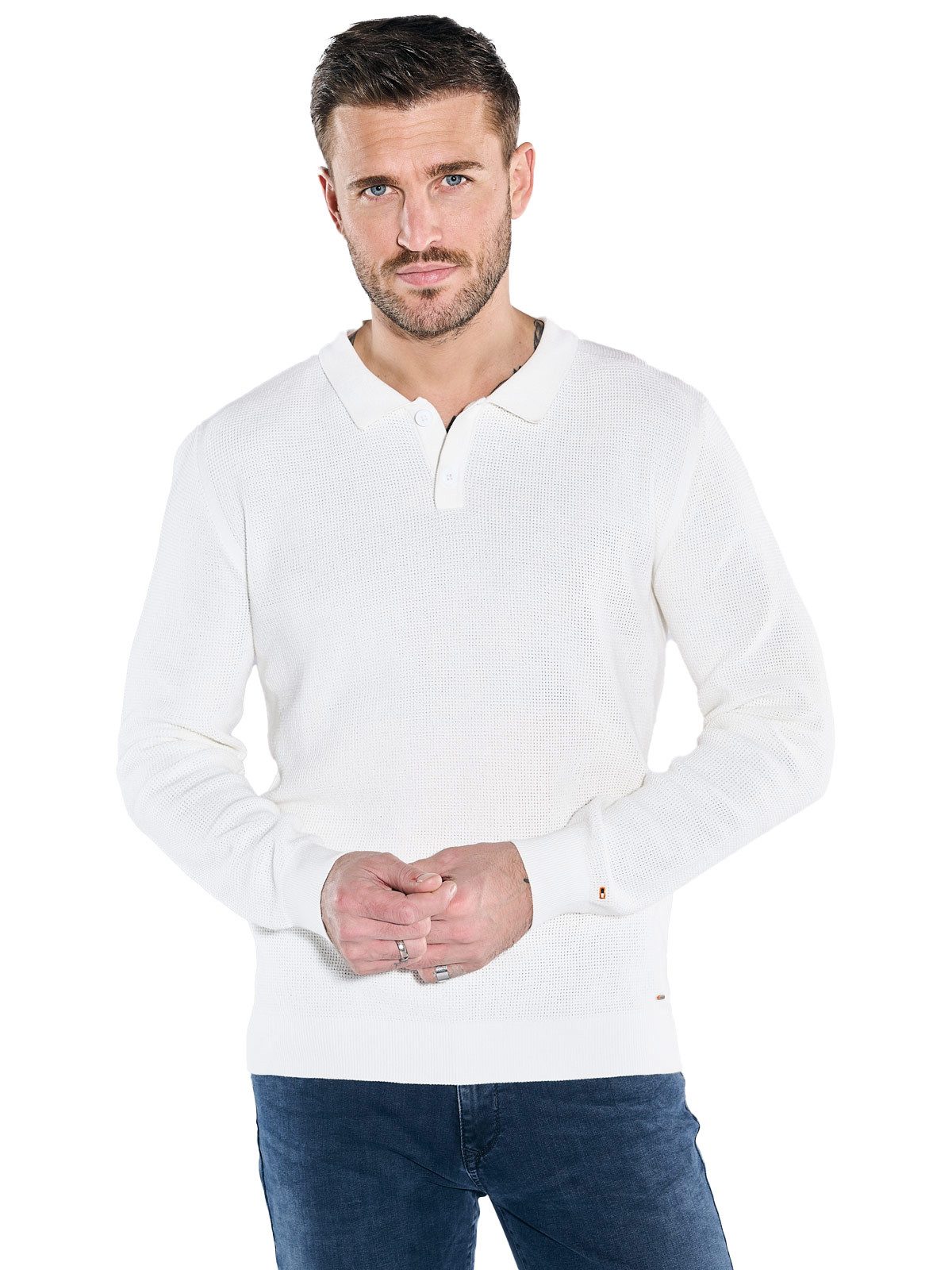 emilio adani Strickpullover Herren Pullover mit Polo-Kragen, Reinweiss