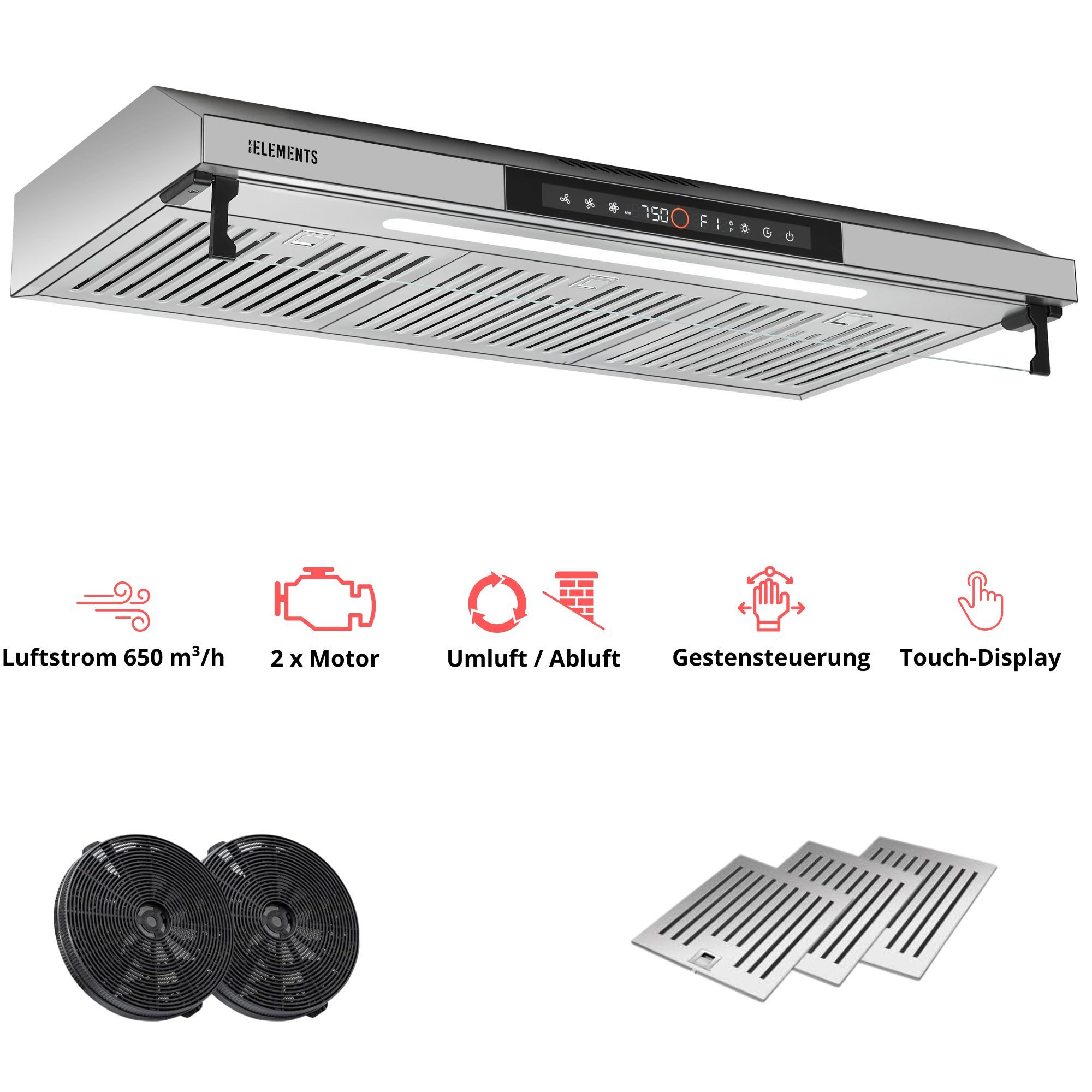KB Elements Unterbauhaube Doppelter motor 2 x 80 Watt, 650 m³/h Absaugleistung Doppelter motor 2 x 80 Watt, 650 m³/h Absaugleistung, Doppelter motor, Touch / Gestensteuerung