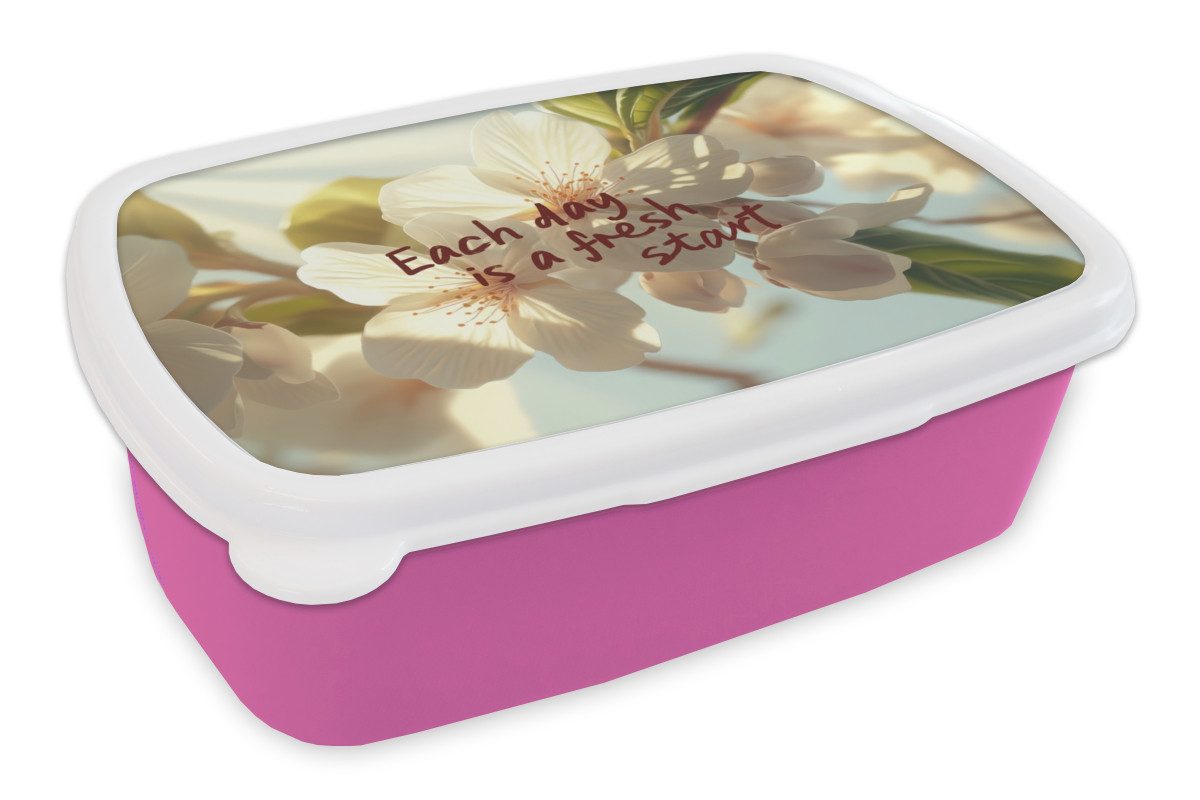 MuchoWow Lunchbox Blüten - Sonnenlicht - Zitat - Weiß, Kunststoff, (2-tlg), Brotdosen, Lunch Box, Brotbox für Kinder und Erwachsene