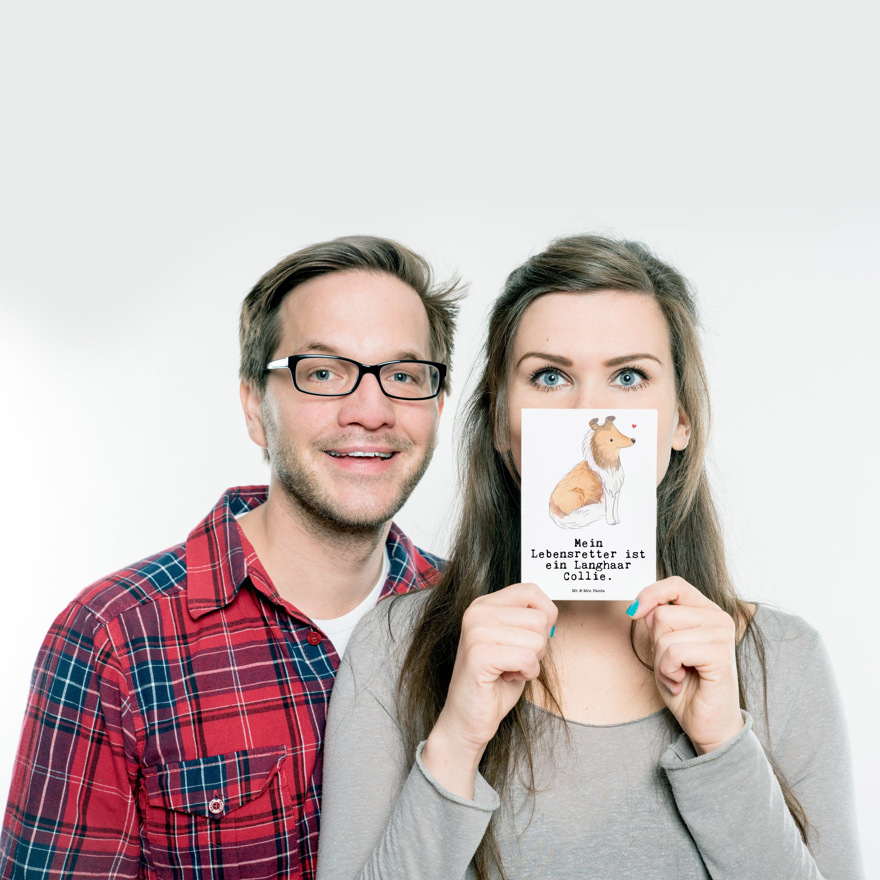 Mr. & Mrs. Panda Lebensretter - Hunder Geschenkkarte, - Collie Geschenk, Weiß Postkarte Langhaar