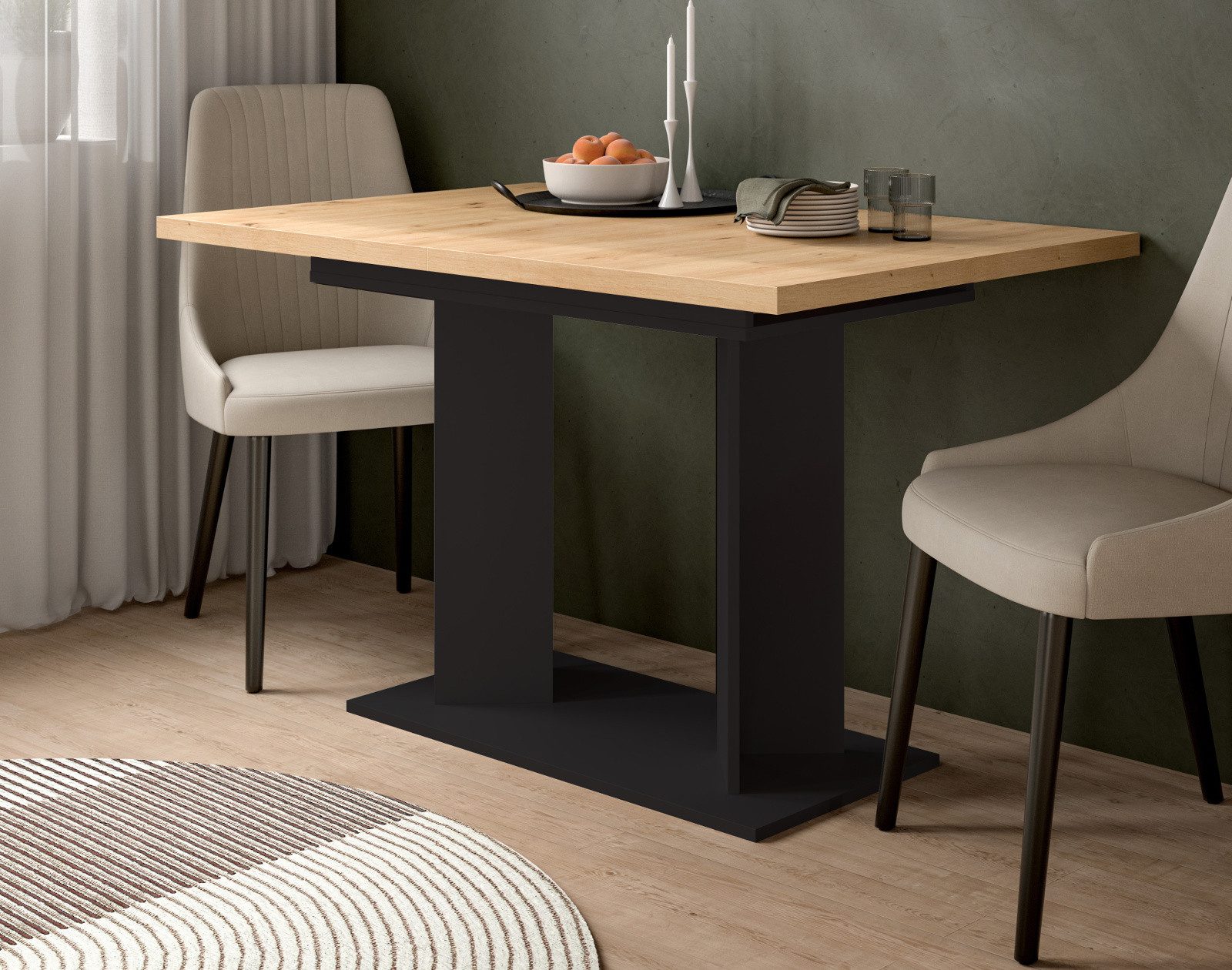 Inn.Furn Säulen-Esstisch Anton (Küchentisch in Eiche Artisan mit Schwarz, ausziehbar von 120 auf 160 cm), für 2 - 8 Personen