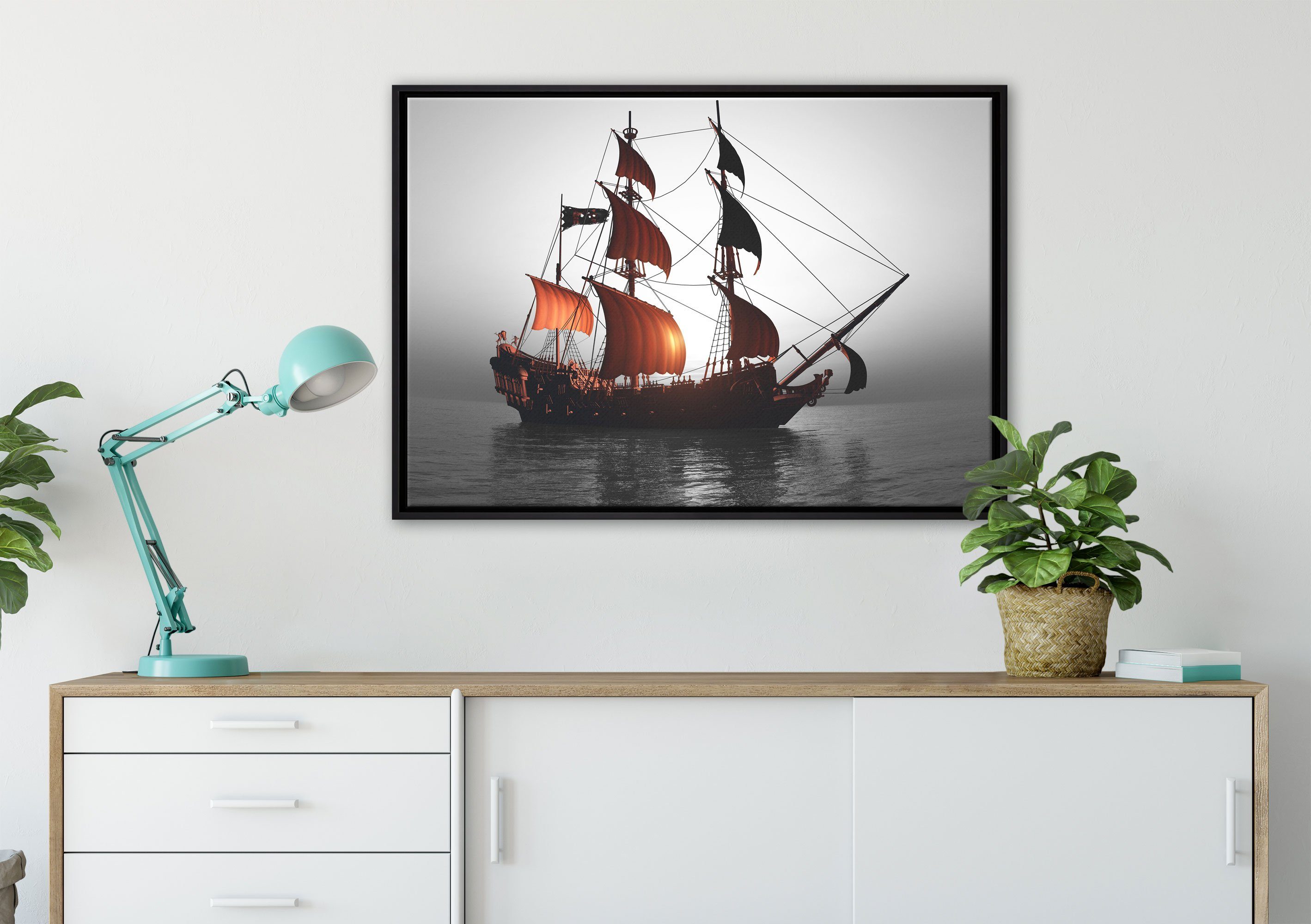 Pixxprint Leinwandbild gefasst, fertig inkl. Schattenfugen-Bilderrahmen bespannt, in einem Segelschiff, Gewaltiges (1 Leinwandbild St), Zackenaufhänger Wanddekoration