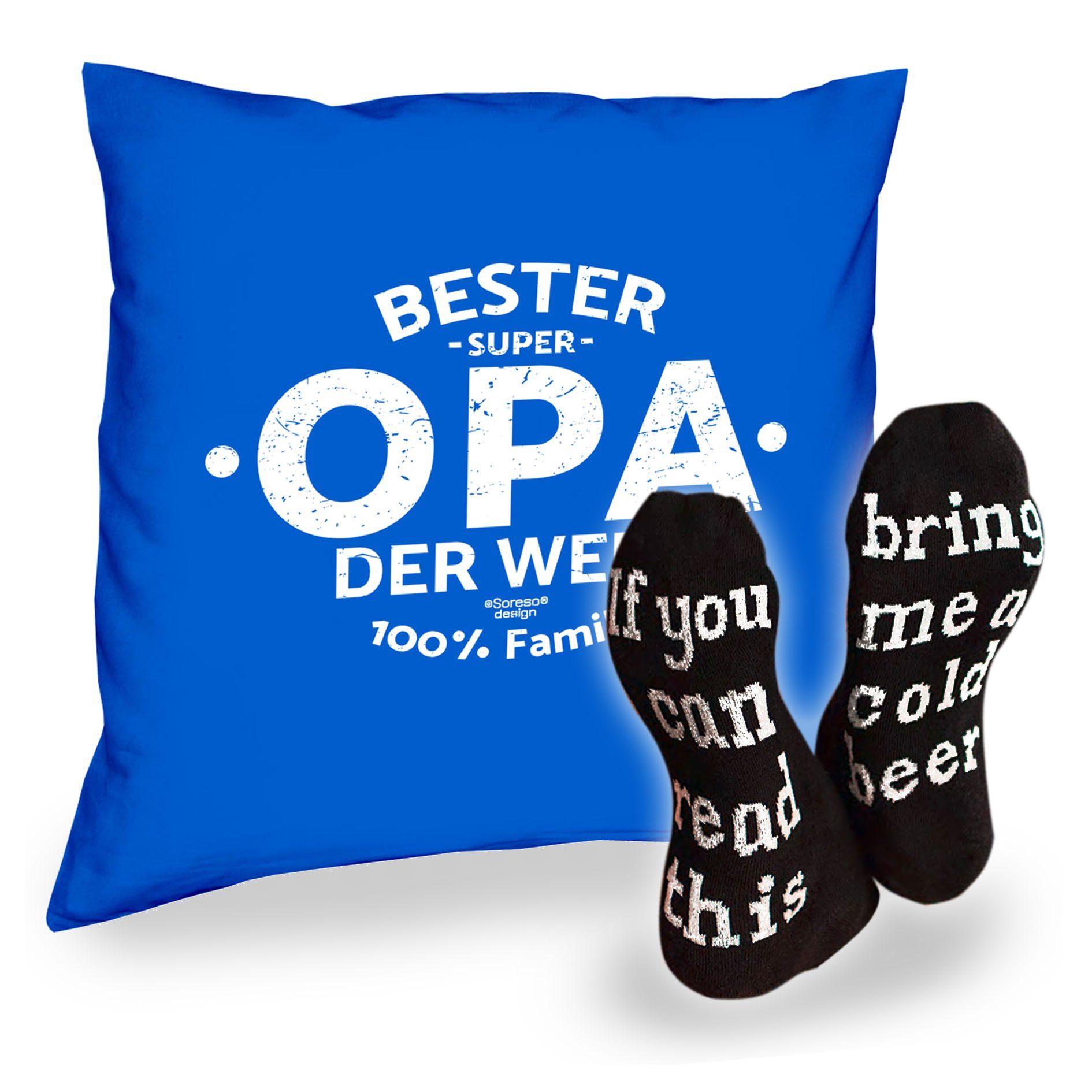 Soreso® Dekokissen Kissen Opa mit Großvater, Royal Geburtstagsgeschenke Socken Blau Füllung und für Opas