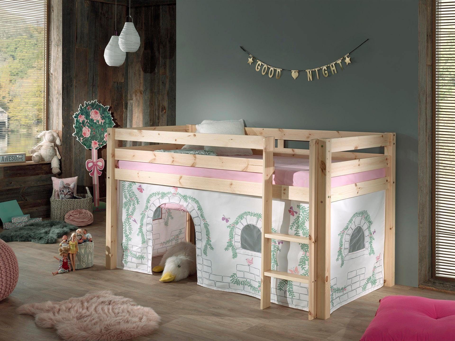 Vipack Hochbett Pino, Spielbett massiv Kiefer, stabil gebaut, 3 Korpusfarben zur Wahl (inkl. Rolllattenrost, Leiter und Absturzschutz, mit oder ohne Rutsche) Textil-Set "Astronaut", inkl. Vorhang, mit oder ohne Tunnel
