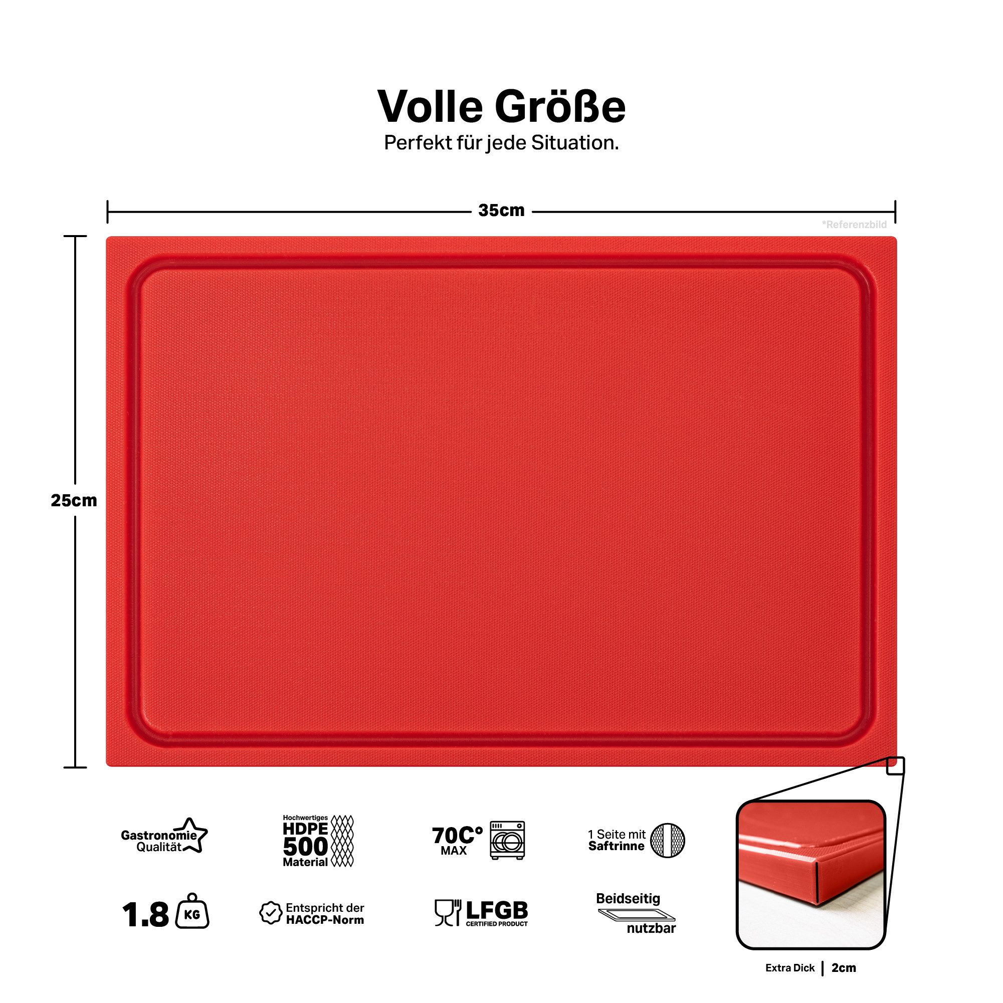 MUVELL Schneidebrett Kunststoff, Rot, 35x25x2 cm, mit Saftrille, EXTRA dick, Kunststoff, (Stück, 1-St., Schneidebrett), messerschonend,Saftrille,Extra Dick