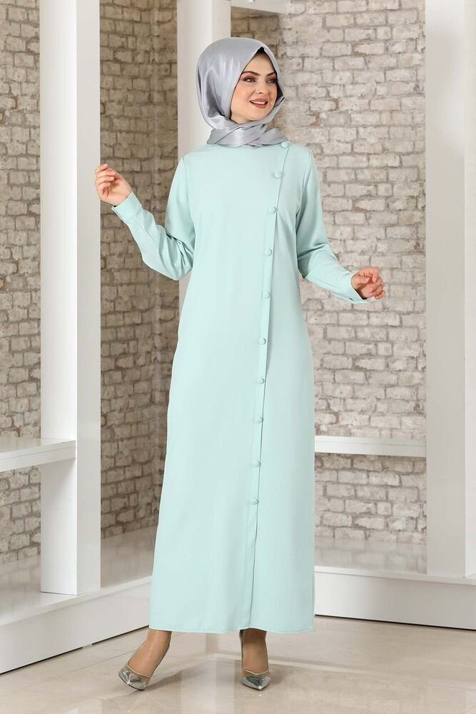 Modavitrini Hemdblusenkleid Abaya mit Knöpfen Hijab Kleid Modest Fashion Abendkleid aus Kreppstoff Mint