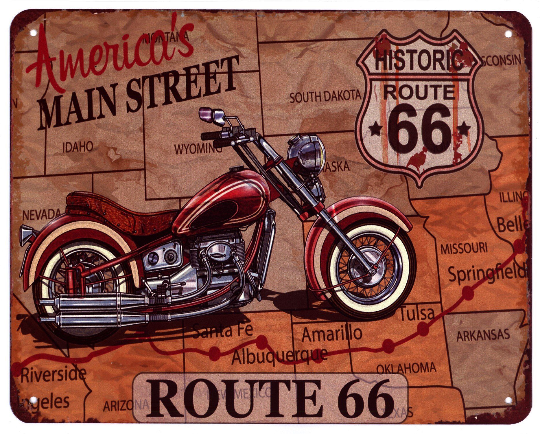 Moritz Metallschild Blechschild ROUTE 66 Americas Main Street, (Einzeln), 20 x 25cm Vintage Retro Deko Schild Metallschild Wandbild Schild