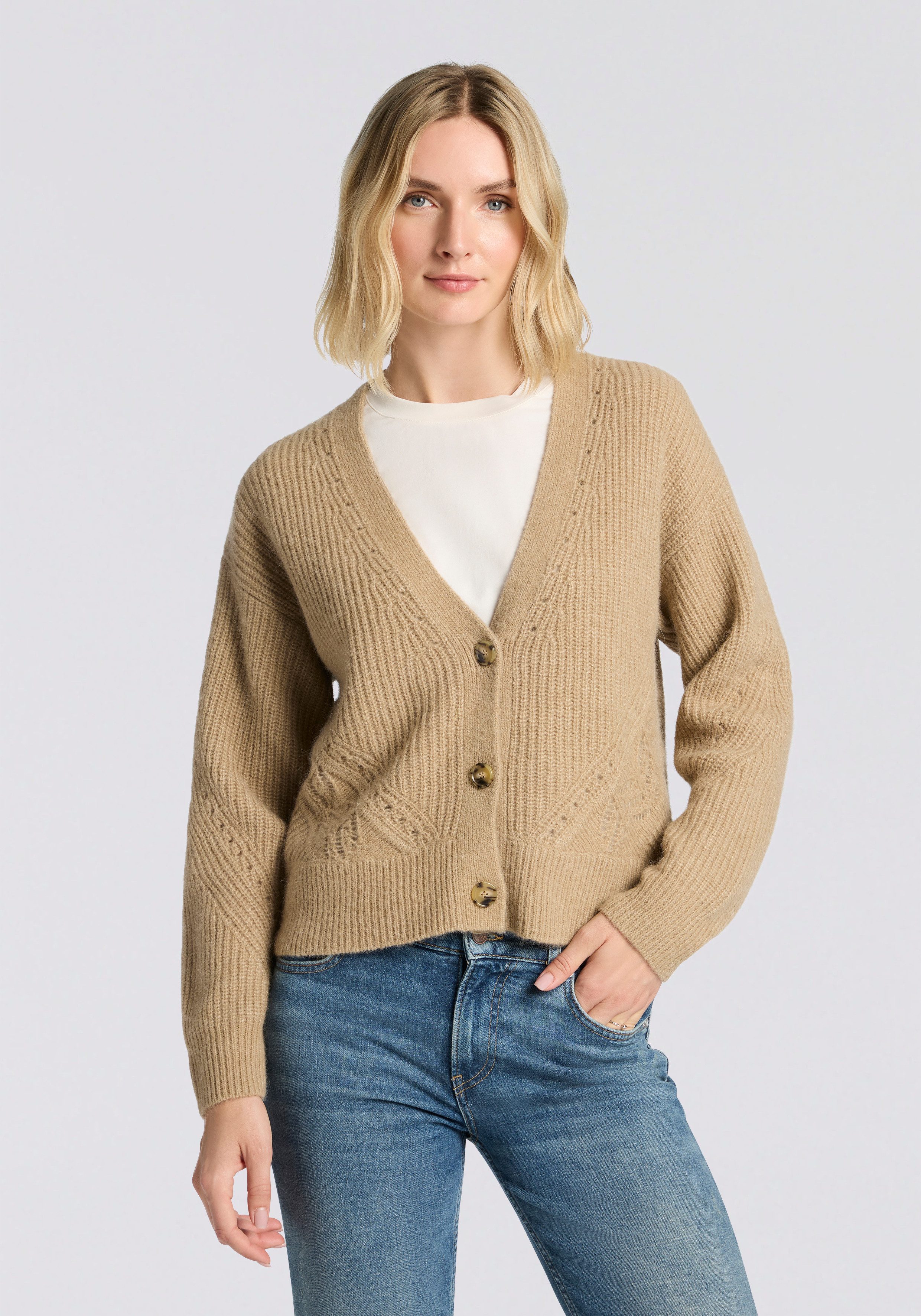 BOSS ORANGE Cardigan Fortellini Premium Damenmode mit Ajourstrickmuster