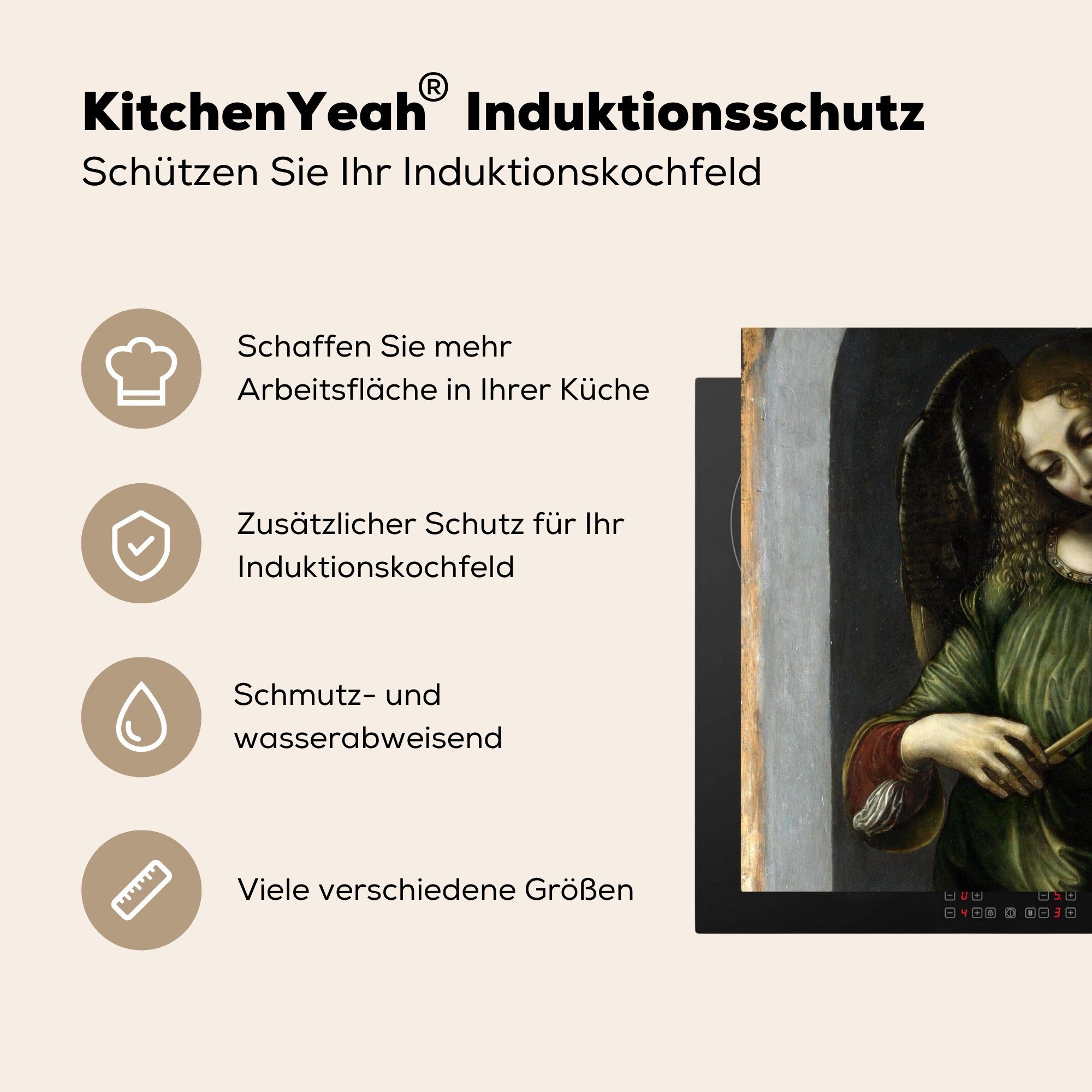 - mit Vinyl, Ein Arbeitsfläche Ceranfeldabdeckung Herdblende-/Abdeckplatte einer MuchoWow nutzbar, 70x52 Fahne Mobile cm, Engel (1 tlg), Vinci, Leonardo Grün in da