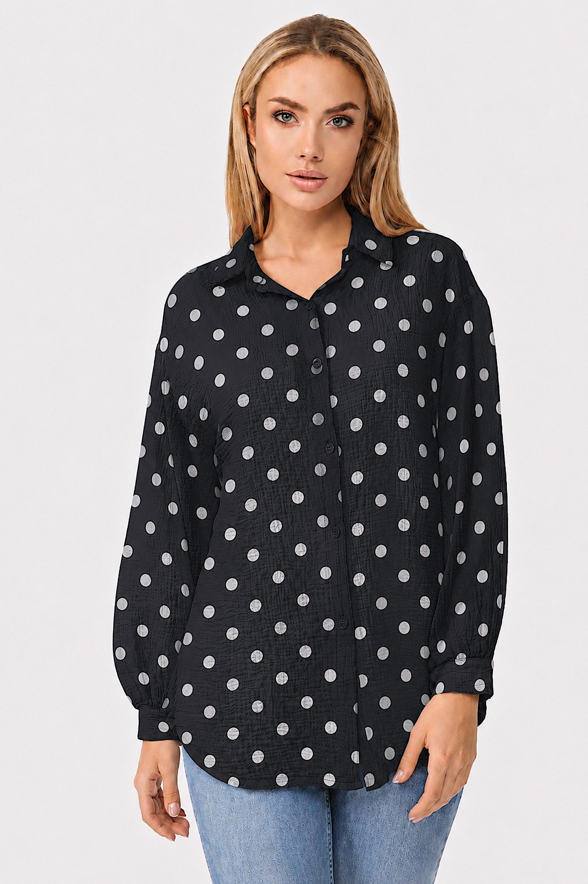 Worldclassca Hemdbluse Worldclassca Musselin Bluse Sommer Polka Dots Langarm Oberteil Punkte Neue Kollektion - Stilvolle und gemütliche Mode für Damen