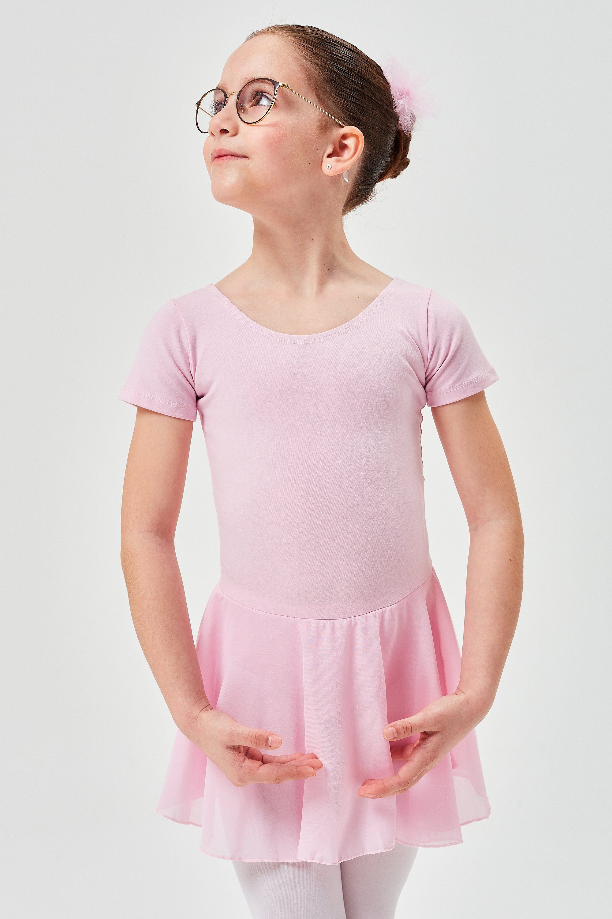 tanzmuster Chiffonkleid Ballettkleid Lucy mit kurzen Ärmeln Mädchen Ballettbody mit Chiffon Röckchen