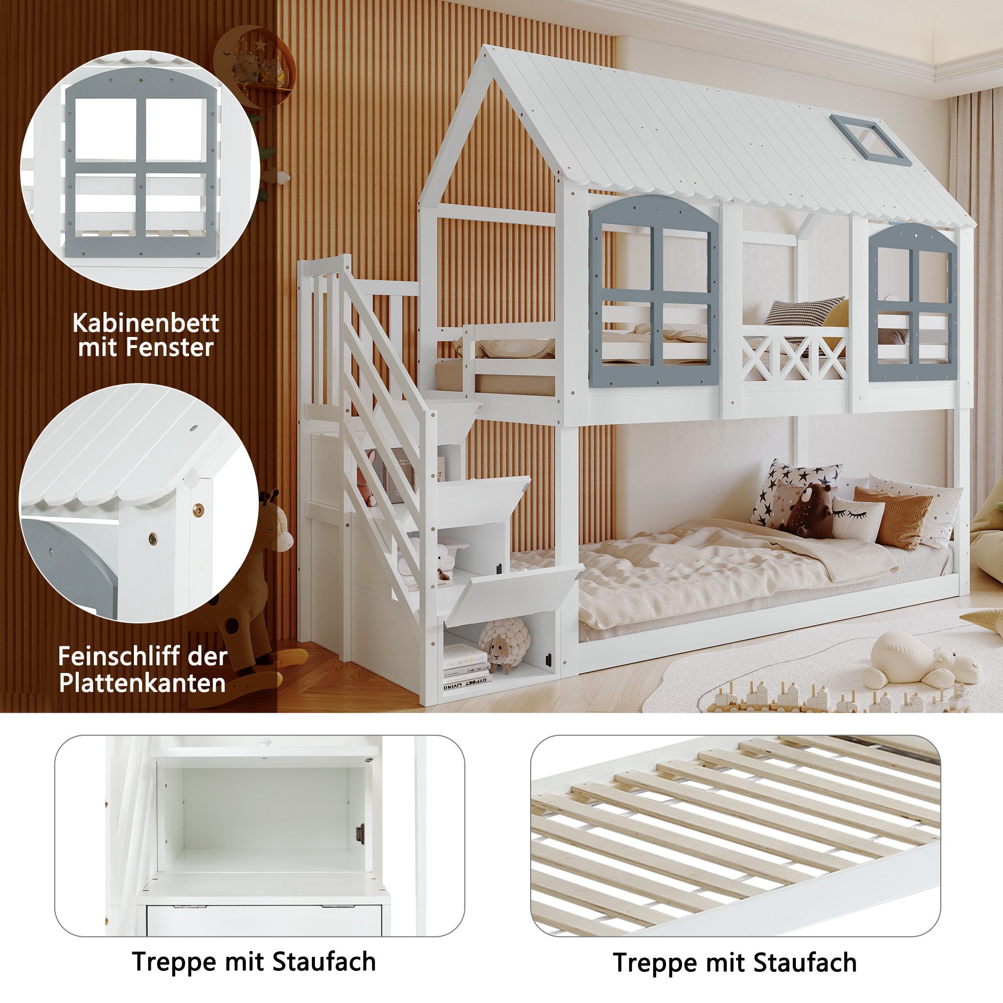 Merax bunk bed (3 lockers in the stairs, 1-pc., pine wood bed, youth bed, house bed with safety rail), children's bed 90x200cm with storage stairs, loft bed with window & roof