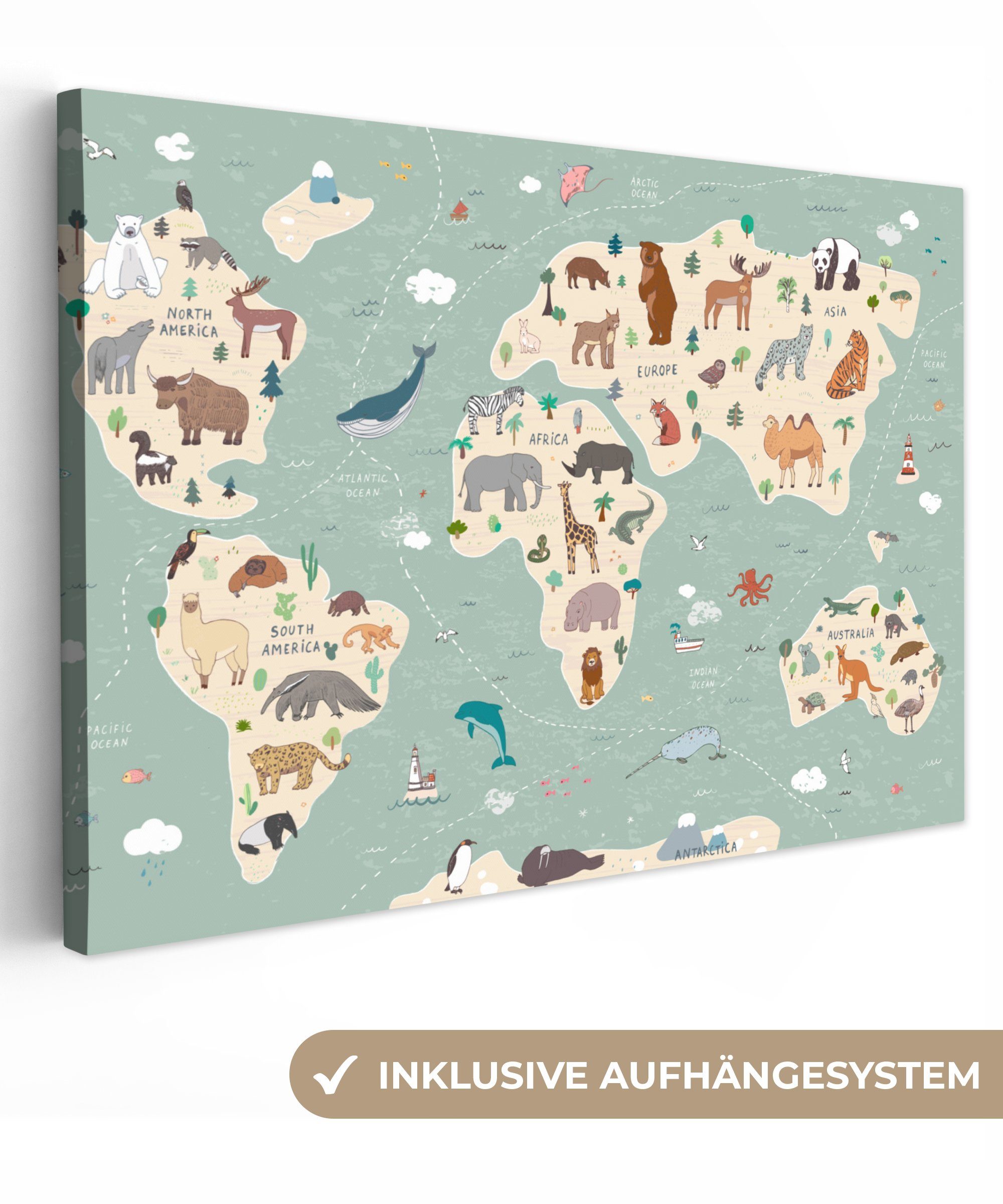 OneMillionCanvasses® Leinwandbild Erde - Weltkarte Kinder - Tiere - Jungen günstig online kaufen