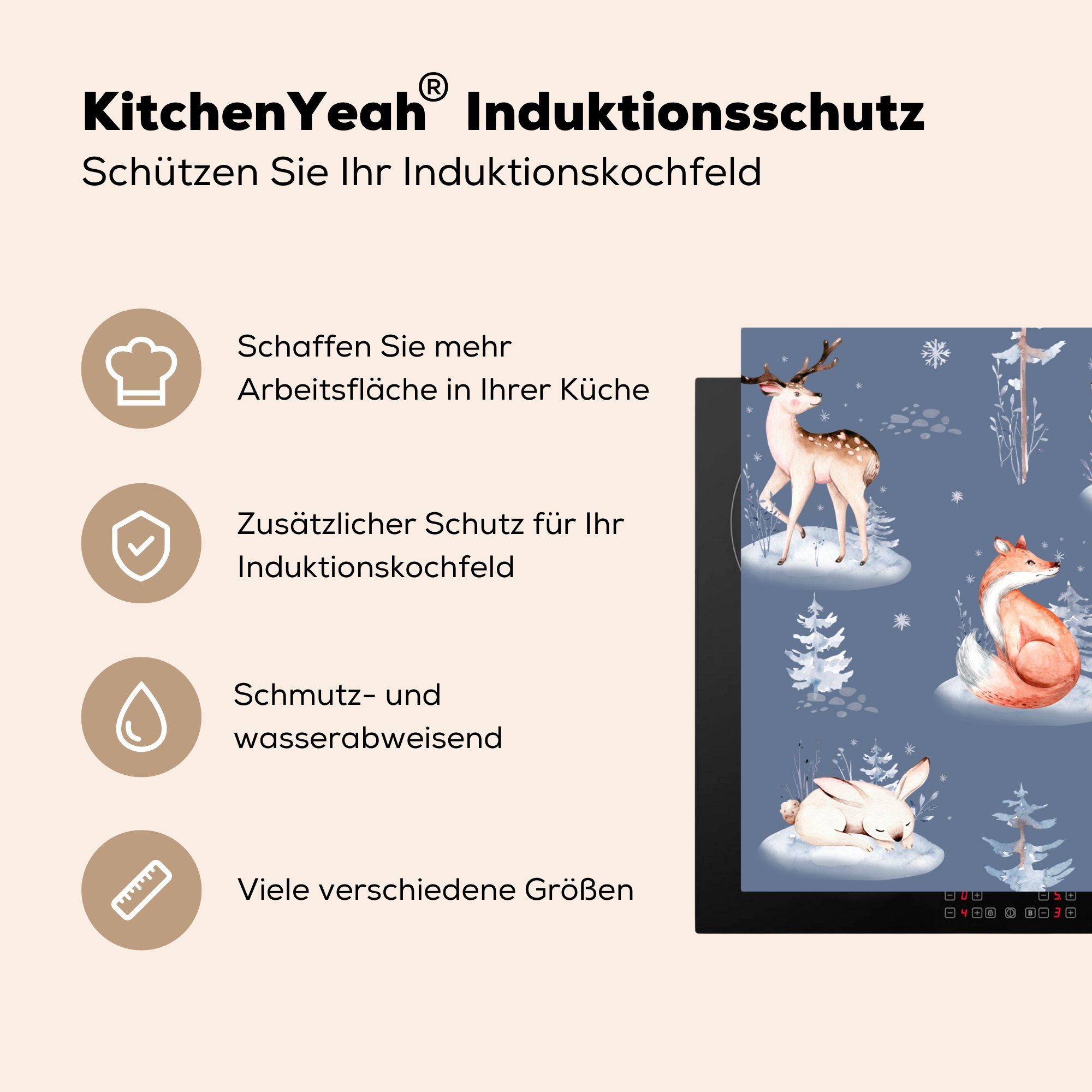 MuchoWow Herdblende-/Abdeckplatte Winter - küche, Tiere 81x52 (1 Vinyl, Schutz - die Muster, Ceranfeldabdeckung für cm, tlg), Induktionskochfeld