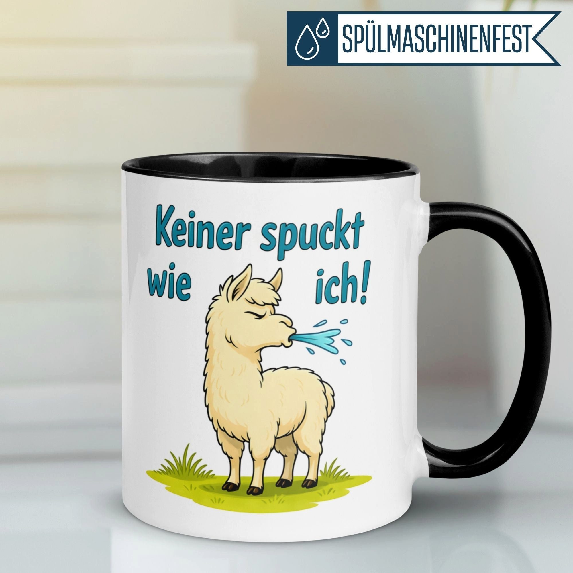 Momentals Tasse Lama – „Keiner spuckt wie ich“ – lustiger Lama Geschenk Becher, Gratis Versand · Links-&Rechtshänder · Spülmaschinenfest