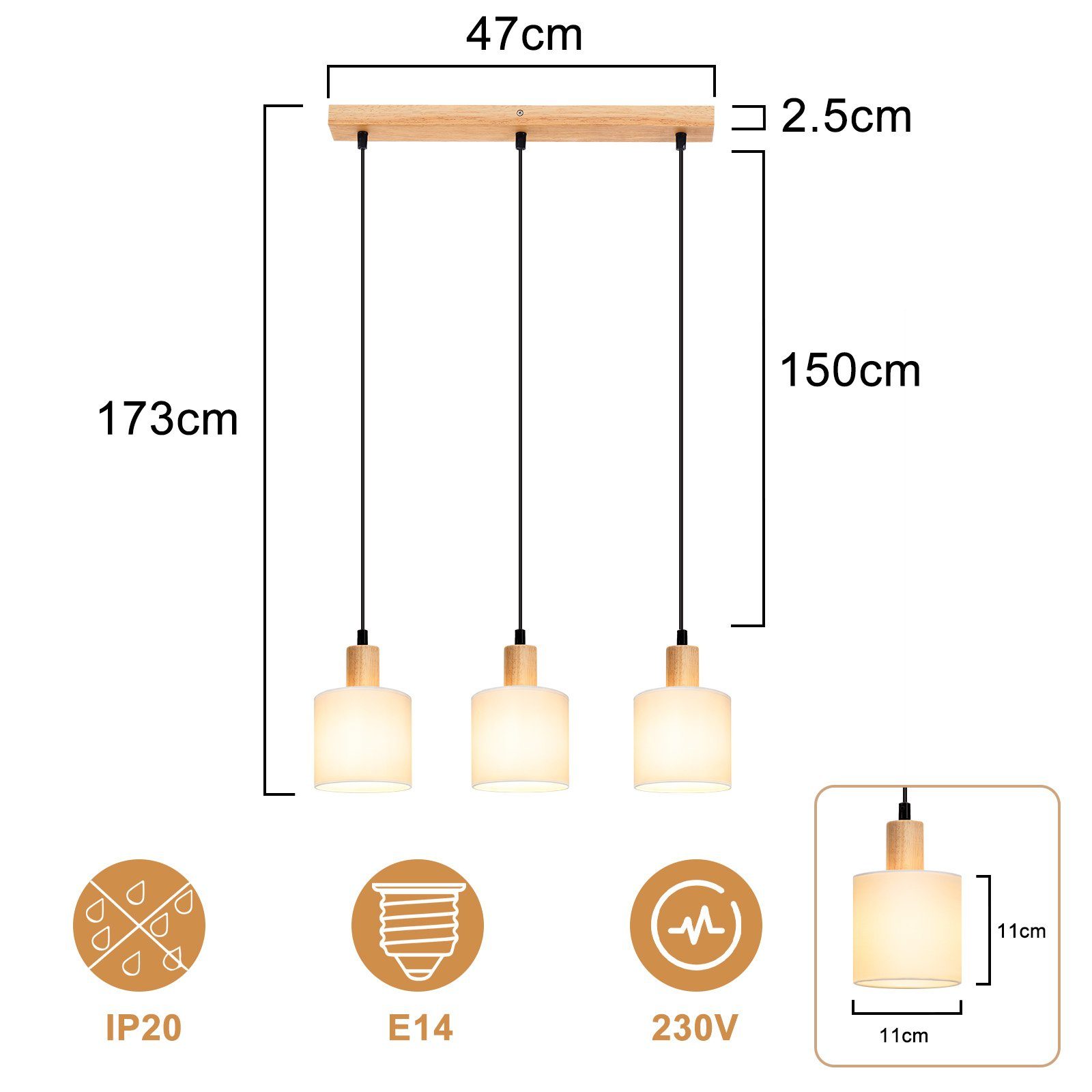 Nettlife Pendelleuchte Vintage Holz Stoff Weiß 1/3 Flammig E14 Rustikale Beleuchtung, Höhenverstellbar, LED wechselbar, Küche Wohnzimmer Restaurant Schlafzimmer Flur