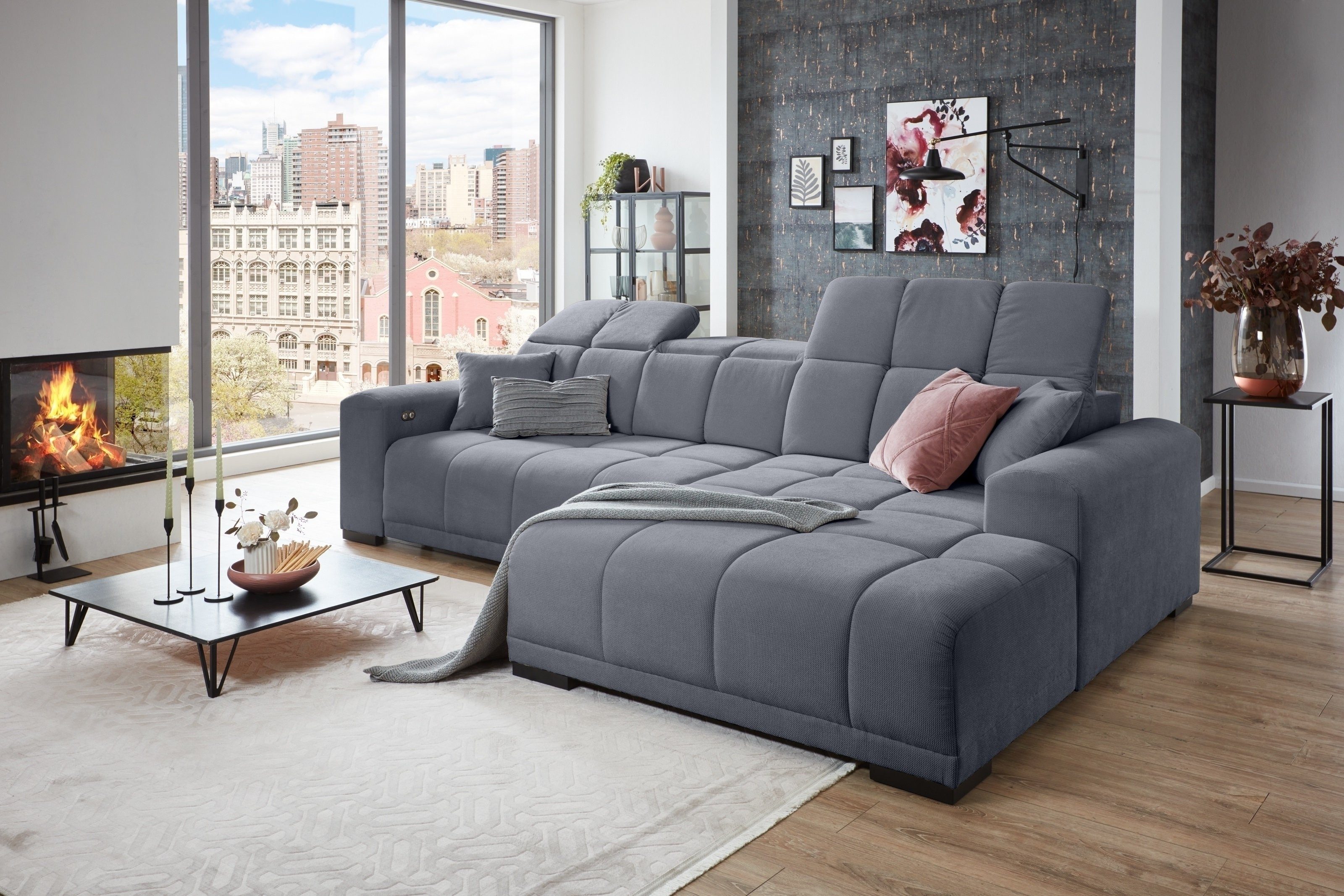 Iwaniccy Wohnlandschaft Kopfteilverstellung, 2 Kissen, grau - 301x113x195cm (BxHxT)