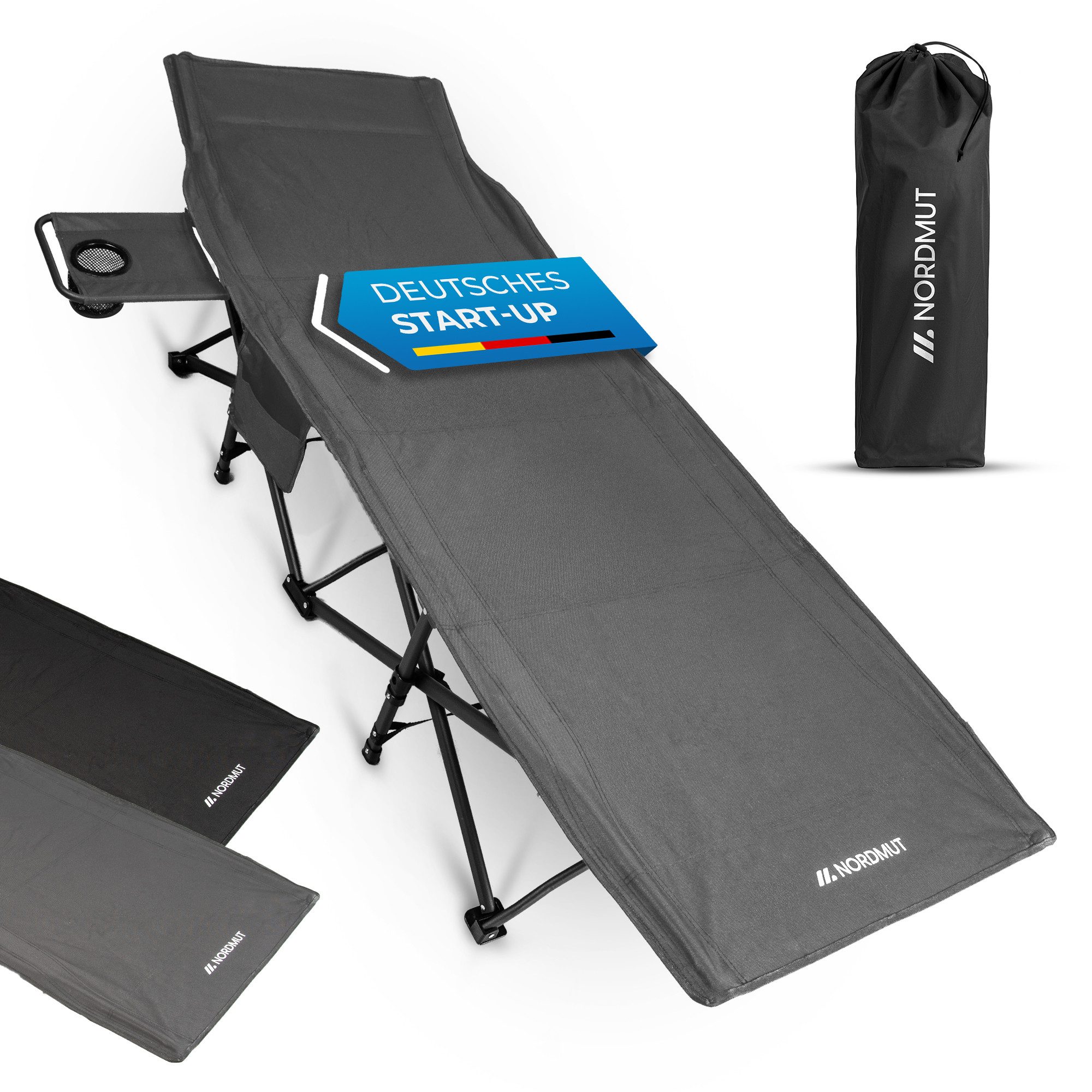 Nordmut Feldbett Klappbar mit Matratze, Campingbett Gästebett, Outdoor Erwachsene (Spar-Set, 1-St., Nordmut Kebne mit Auflage, Nachttisch & Tragetasche) mit Auflage, Tragetasche, Seitentasche, Nachttisch, 200 kg belastbar