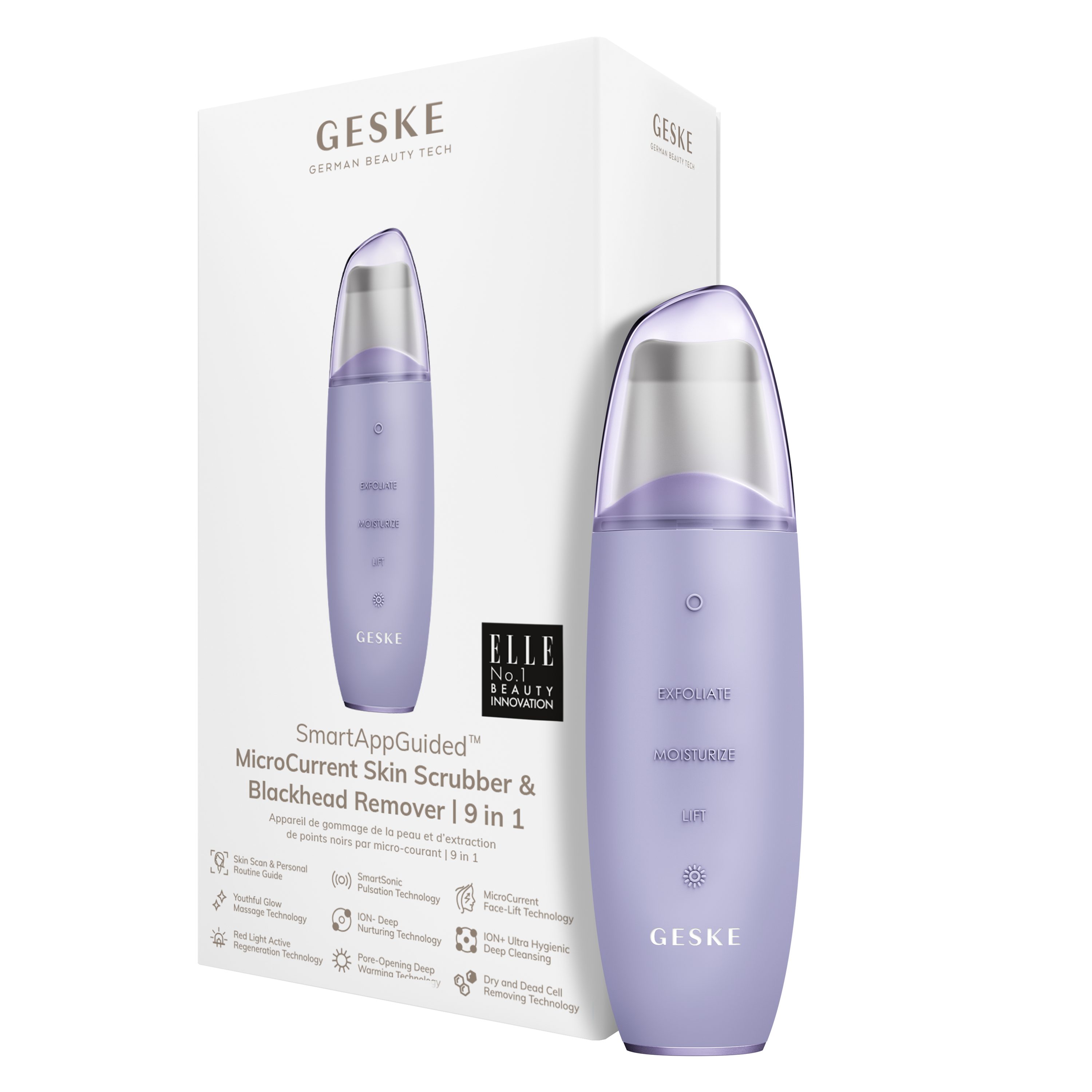 GESKE German Beauty Tech Mitesserentferner SmartAppGuided™ MicroCurrent Skin Scrubber & Blackhead Remover 9 in 1, Packung (Gerät & USB-Ladekabel), 2-tlg., Gerät inkl. kostenloser APP (SmartAppGuided Device), Mit der GESKE App erhältst Du deine personalisierte Hautpflegeroutine. Purple