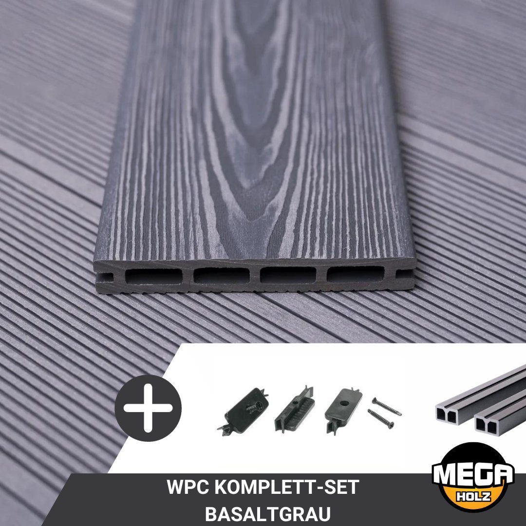 Mega-Holz Terrassendielen Mega Holz WPC Terrassendielen Komplett-Set m² Basaltgrau, 2,2 m², 21 mm Stärke, (Sparset), je 14.5x220 cm, 21 mm Stärke, mit Unterkonstruktion