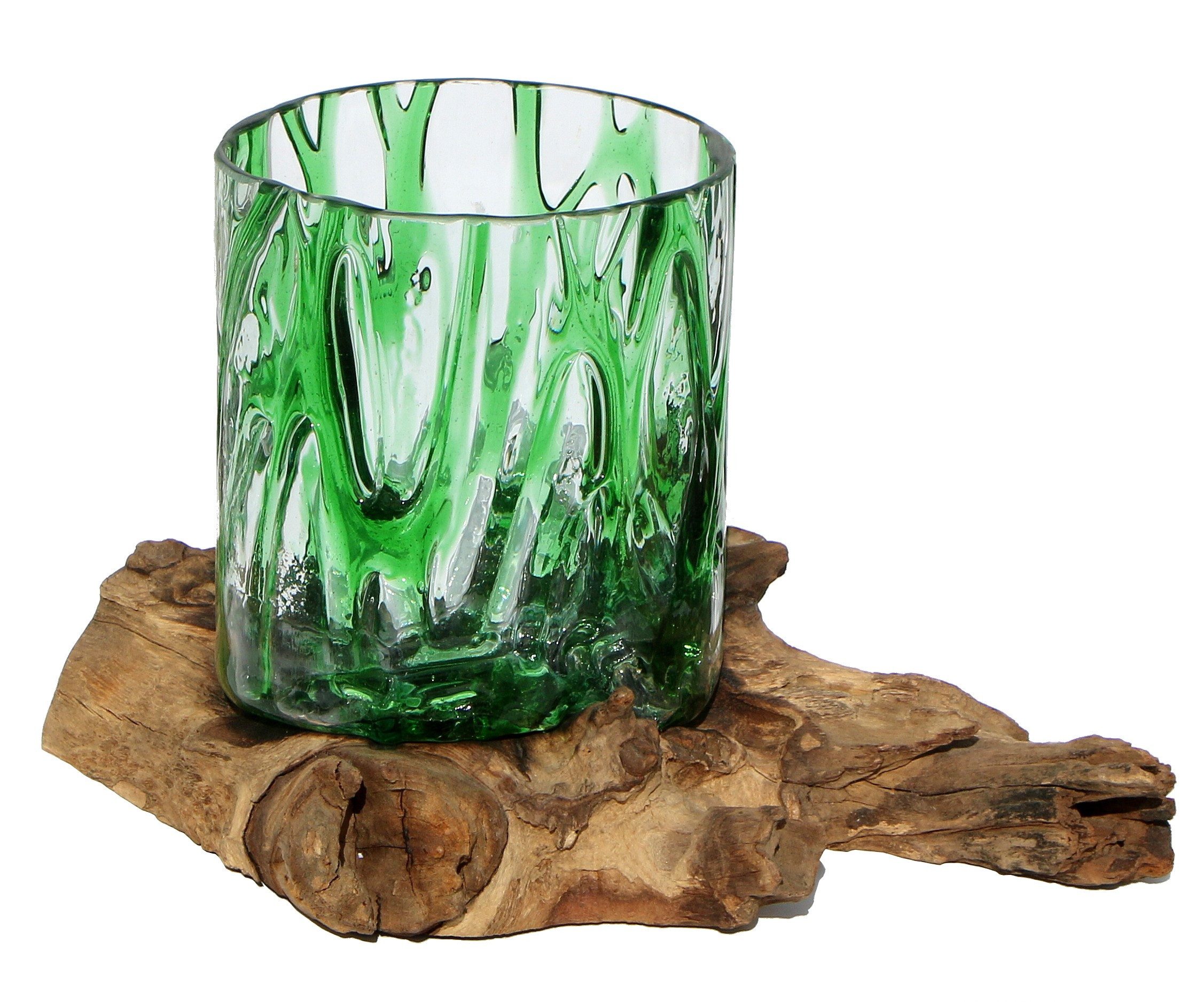 Wogeka Dekovase Glas-Vase "Gloria" auf Wurzel-Holz Ø Glas 15-16 cm Teakholz Gamal