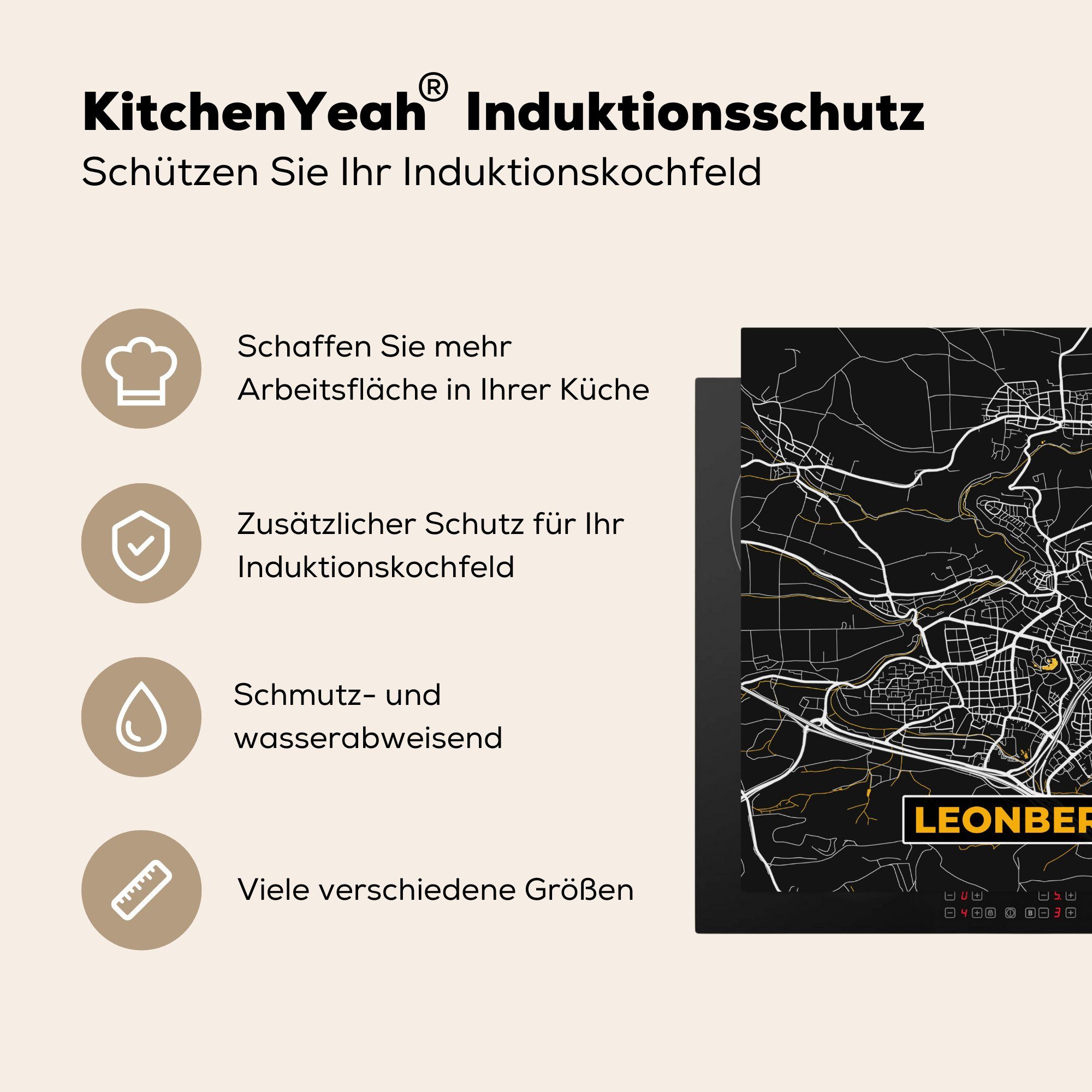 - tlg), Leonberg, Herdblende-/Abdeckplatte für Gold - Karte Arbeitsplatte - Stadtplan Vinyl, 78x78 Deutschland küche cm, - (1 MuchoWow Ceranfeldabdeckung,