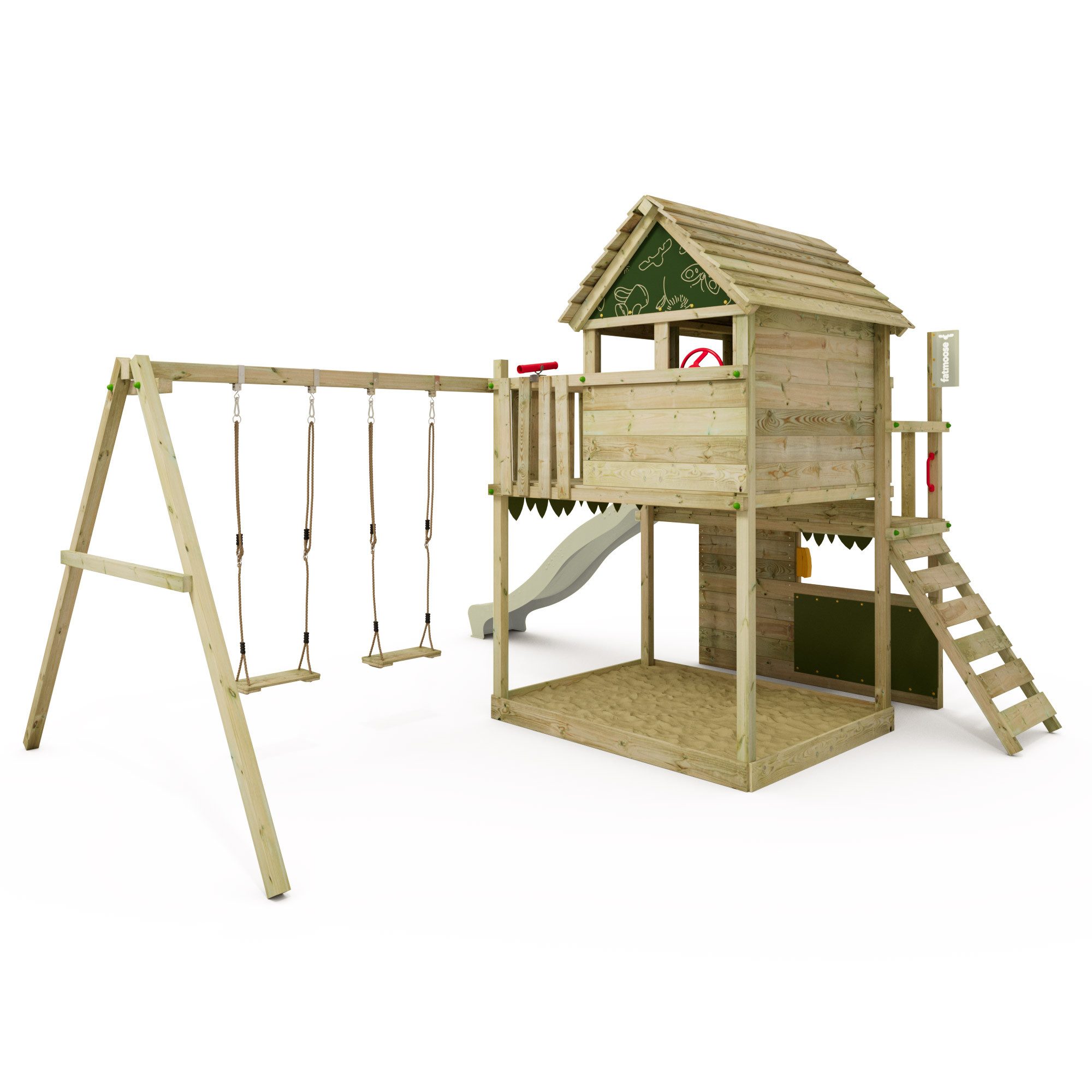 FATMOOSE Spielturm MightyMansion Move XXL Stelzenhaus mit Rutsche & Schaukel, 10 Jahre Garantie*, großes Spielhaus, großer Sandkasten