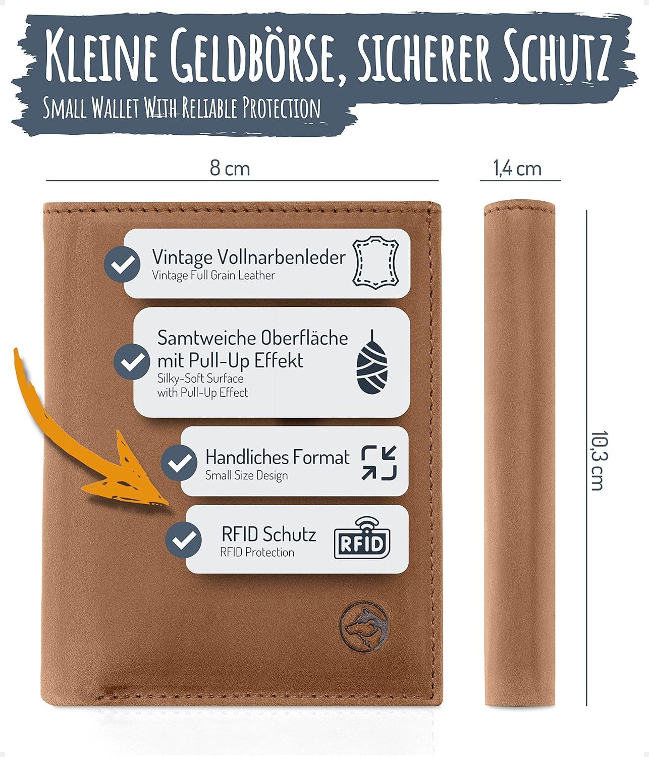 Wolfstrøm Geldbörse 'Svåla Classic' - Mini Portemonnaie Leder, Slim-Wallet mit NFC Schutz (Geschenkbox, Made in Europe), Vollnarbenleder, Made in Europe, Bis zu 11 Karten, Pull-Up Fach