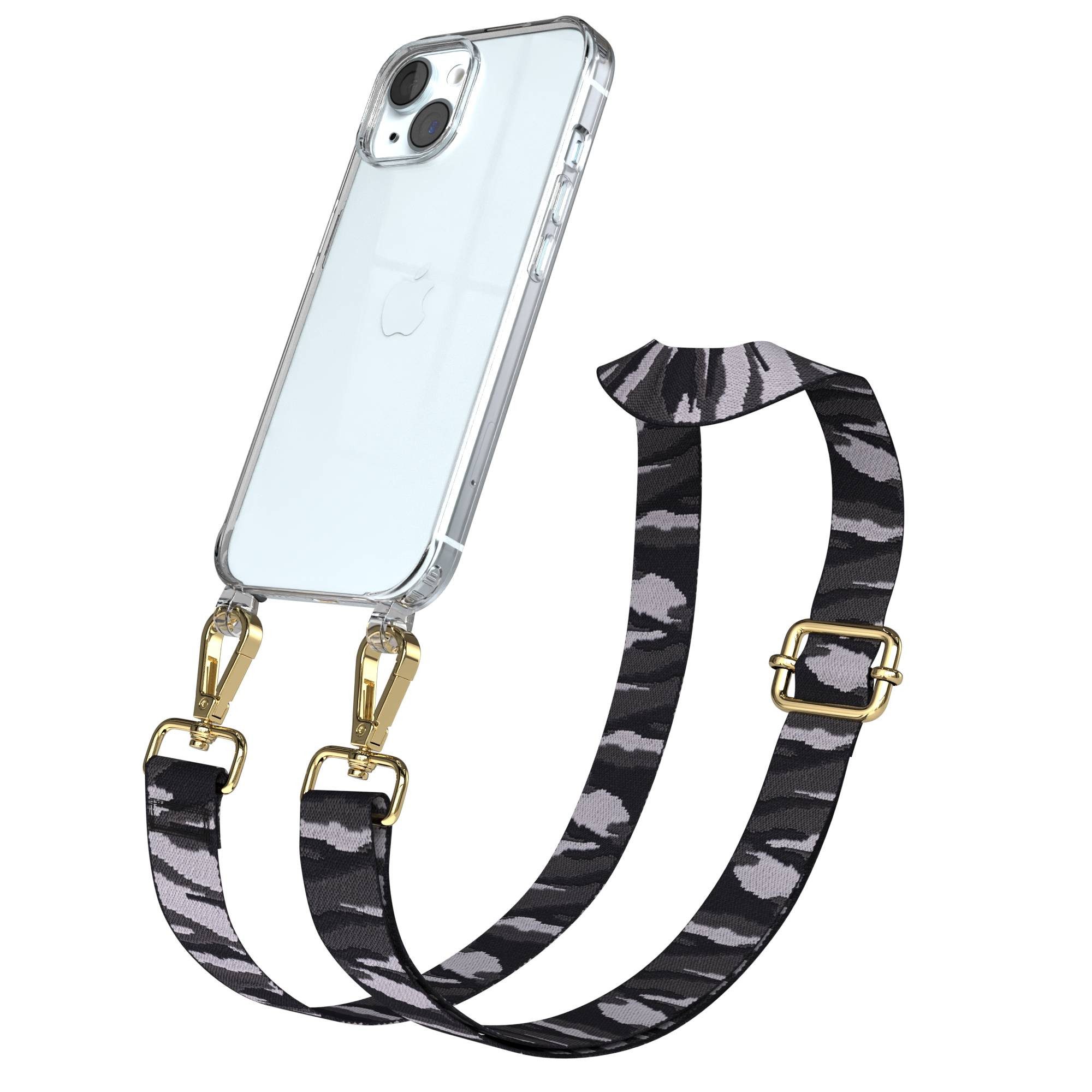 EAZY CASE Handykette Umhängeband für Apple iPhone 15 6,1 Zoll, Handykette Camouflage Hülle Crossbody Case zum Umhängen Grau