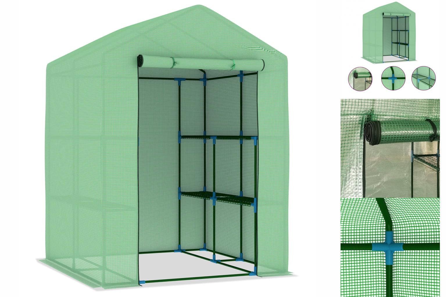 vidaXL Gewächshaus Gewächshaus mit Regalen Stahl 143x143x195 cm grün | Rabatt: 24%