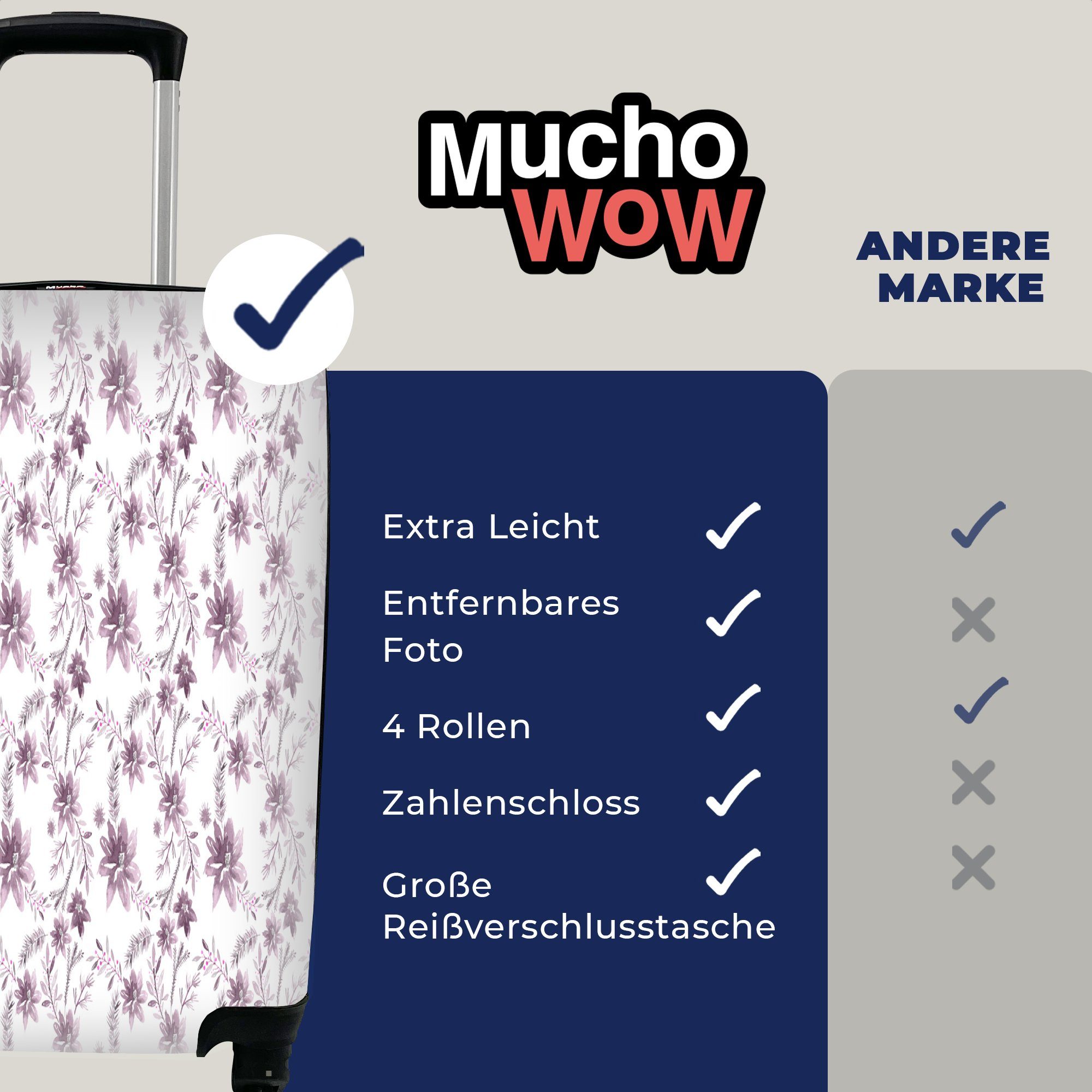 MuchoWow Handgepäckkoffer Blumen - mit 4 Reisetasche Ferien, - für Muster, Reisekoffer Trolley, Handgepäck rollen, Lila Rollen