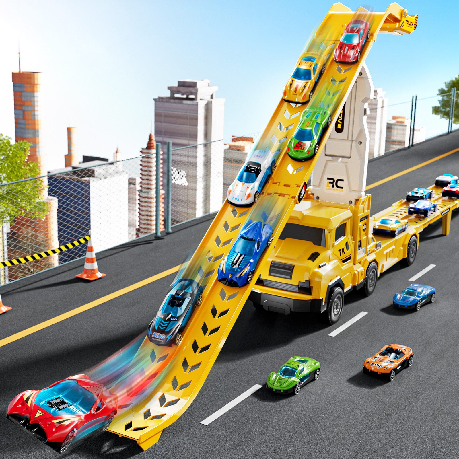 TEMI Spielzeug-Auto Transform Rennbahn LKW Spielzeug Set mit 12 Druckguss Autos – Bild 5 von 5