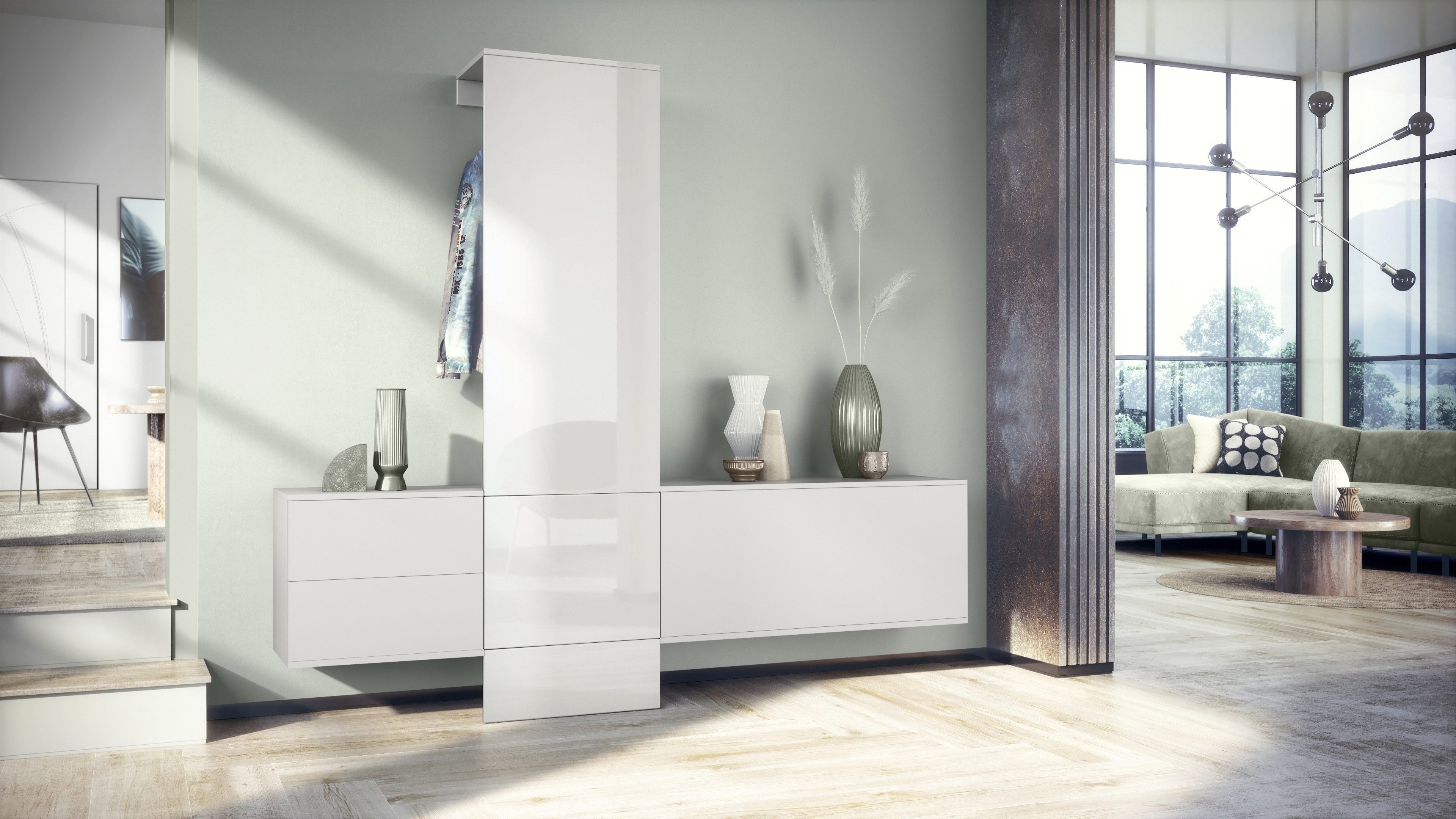Vladon Garderoben-Set DualVista, (Garderoben-Set, bestehend aus 1 Garderobenpaneel, 2 Schrank Elementen und 2 Spiegel), Weiß matt/Weiß Hochglanz