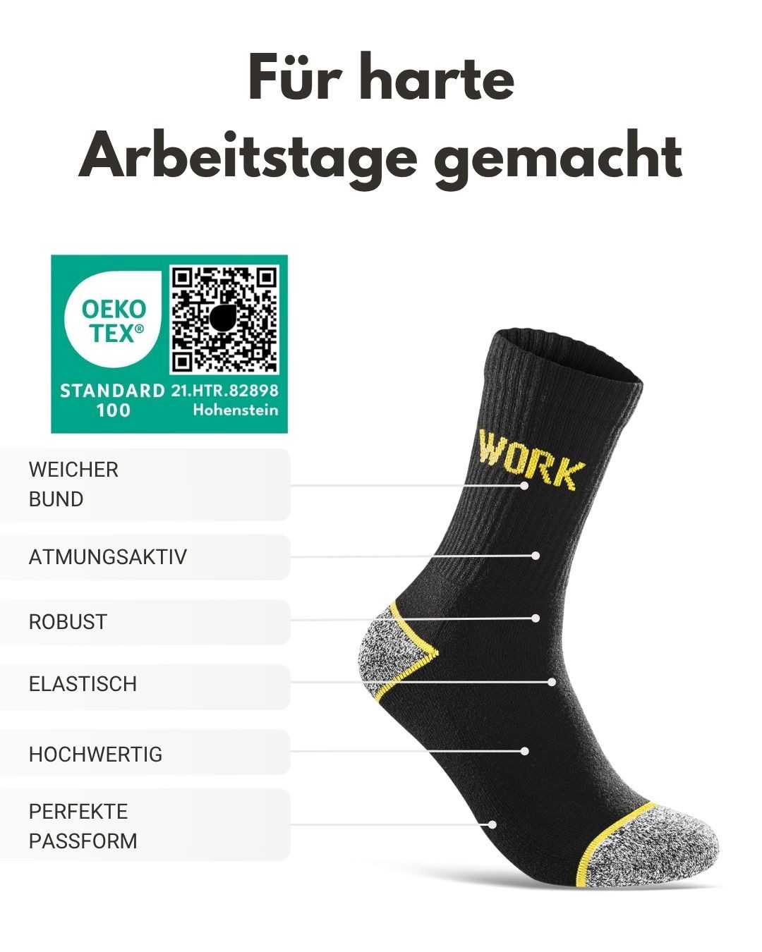 sockenkauf24 Arbeitssocken Herren Premium WORK Socken mit Komfortbund verstärkt gepolsterte Sohle (5-Paar) ohne Naht aus 85% gekämmter Baumwolle, Ferse & Fußspitze verstärkt