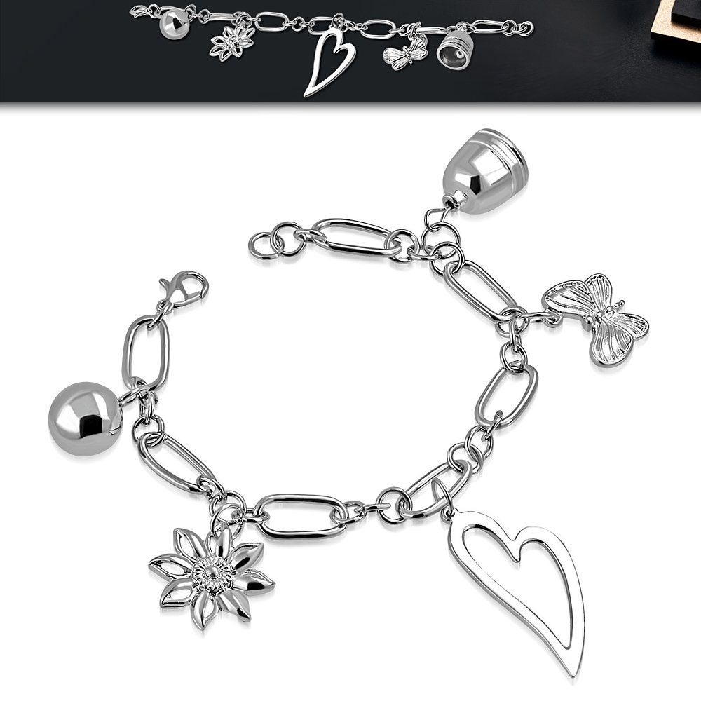 Herz, Armschmuck Schmuckbeutel aus Messing Armband Armband Bracelet Armband, Silber (1 BUNGSA Blume inkl. & Glöckchen aus Organza),
