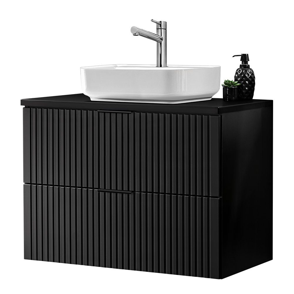 Lomadox Waschtisch ADELAIDE-56-BLACK, Badezimmer mit Aufsatzbecken matt schwarz gerillt 81/73,2/46,5 cm