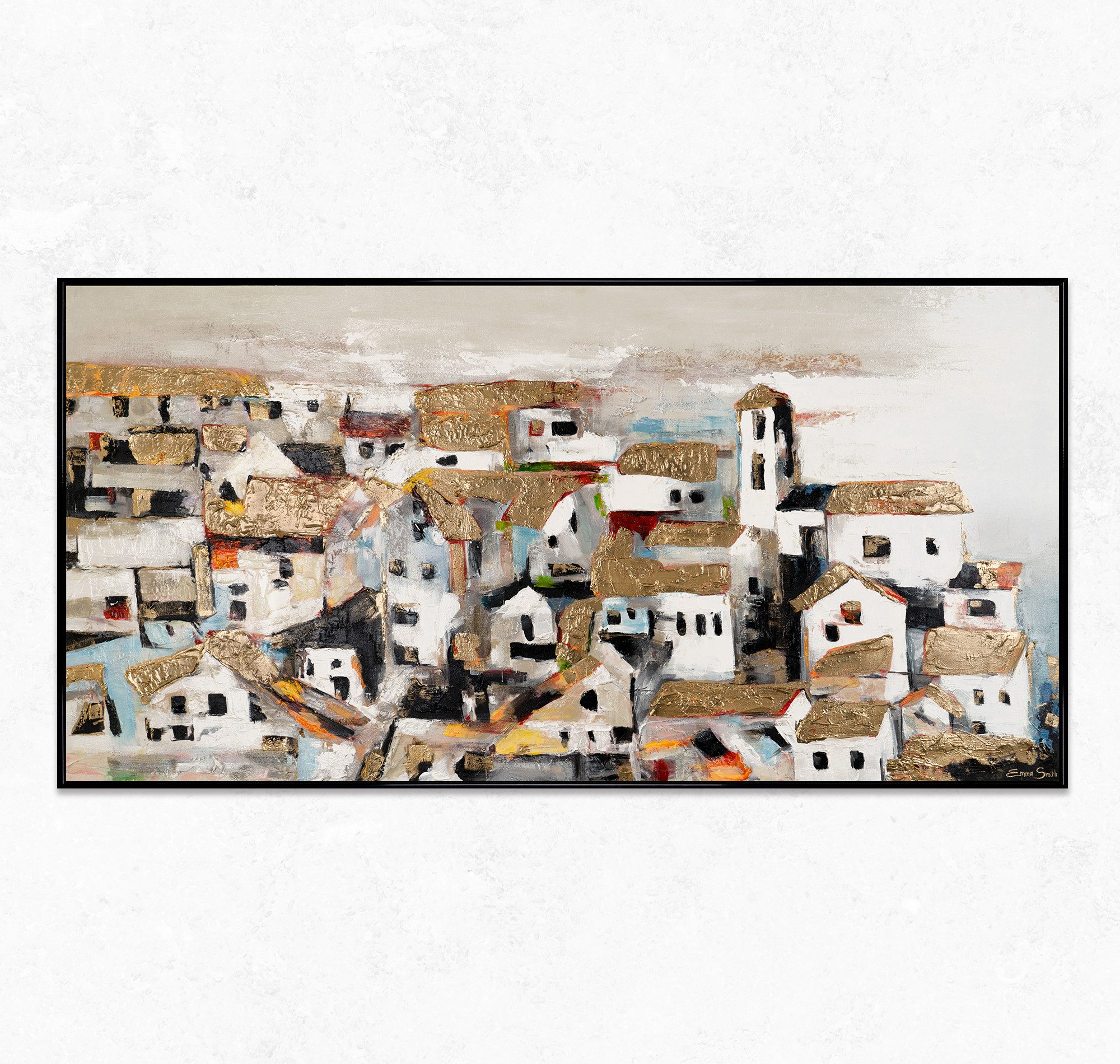 YS-Art Gemälde Häuschen im Sonnenlicht, Architektur, Leinwandbild einer abstrakten Kleinstadt, Dorfleben in gold